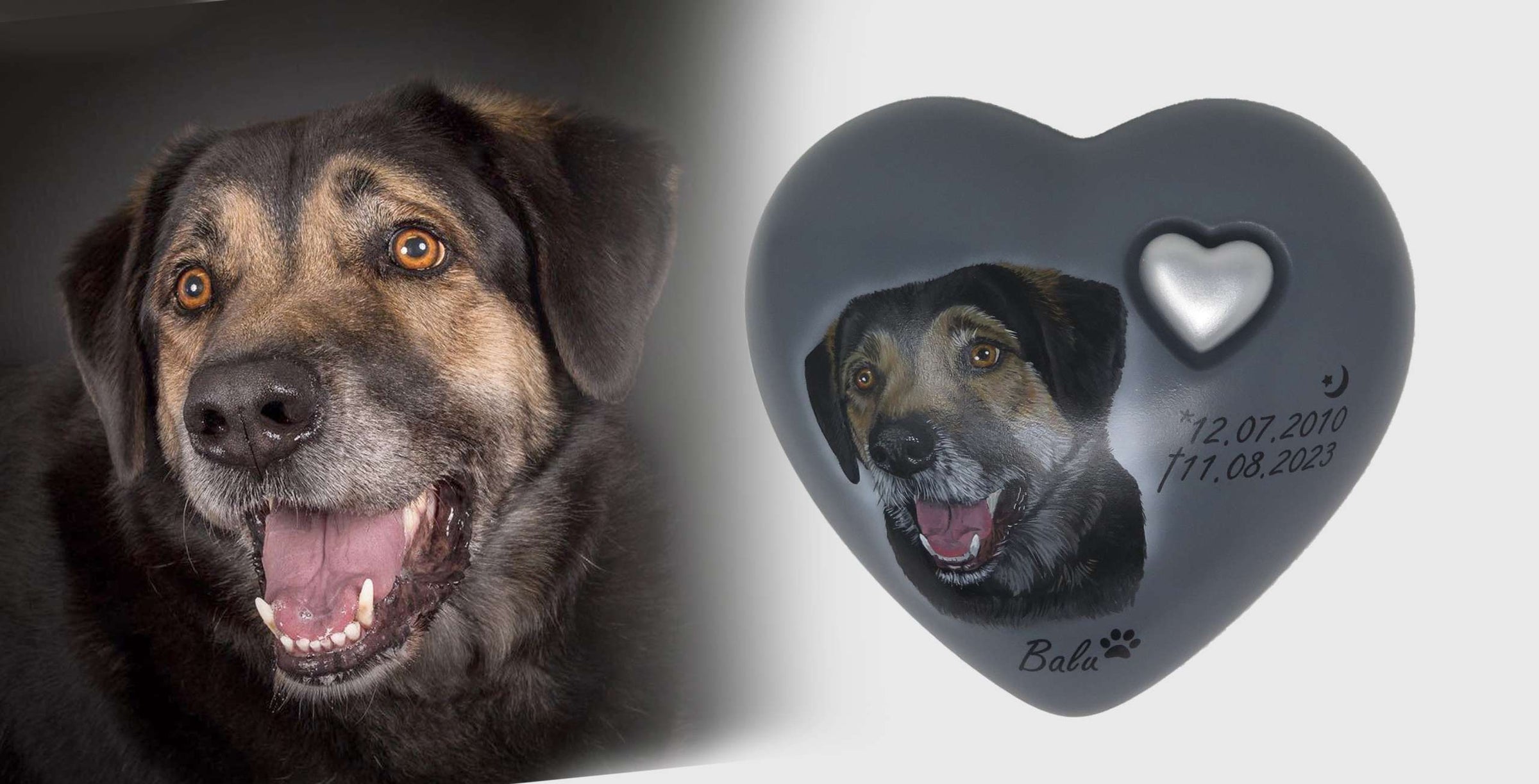 Tierurne in Herzform mit Portrait nach Fotovorlage