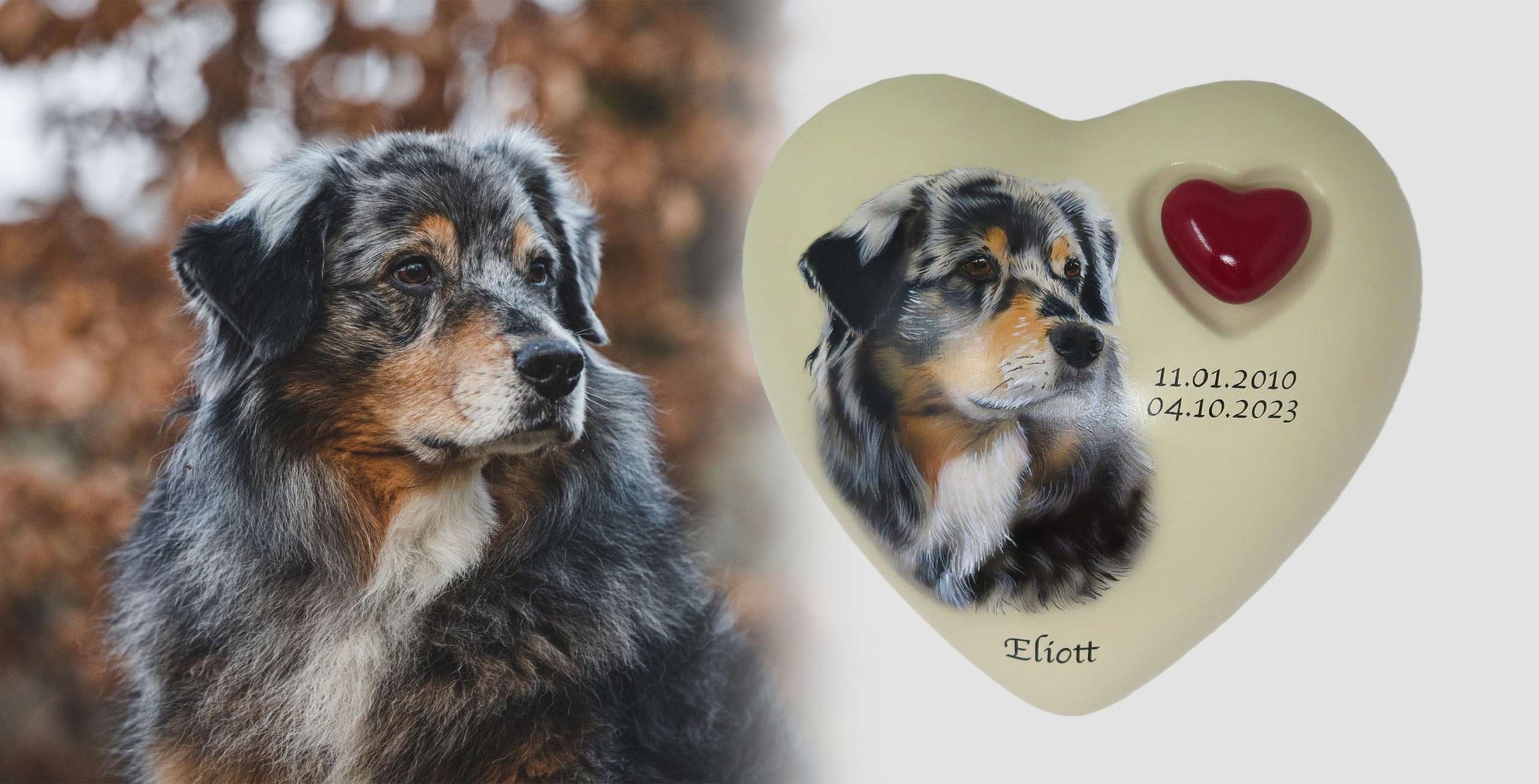 Tierurne in Herzform mit Portrait nach Fotovorlage