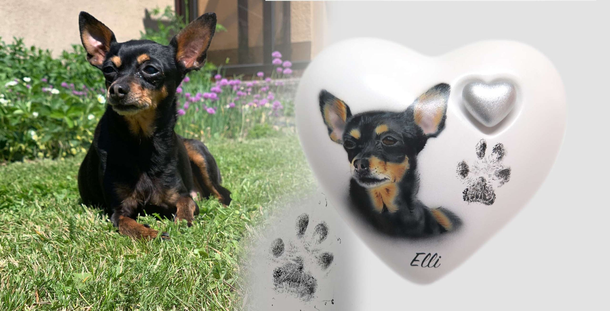 Tierurne in Herzform mit Portrait nach Fotovorlage