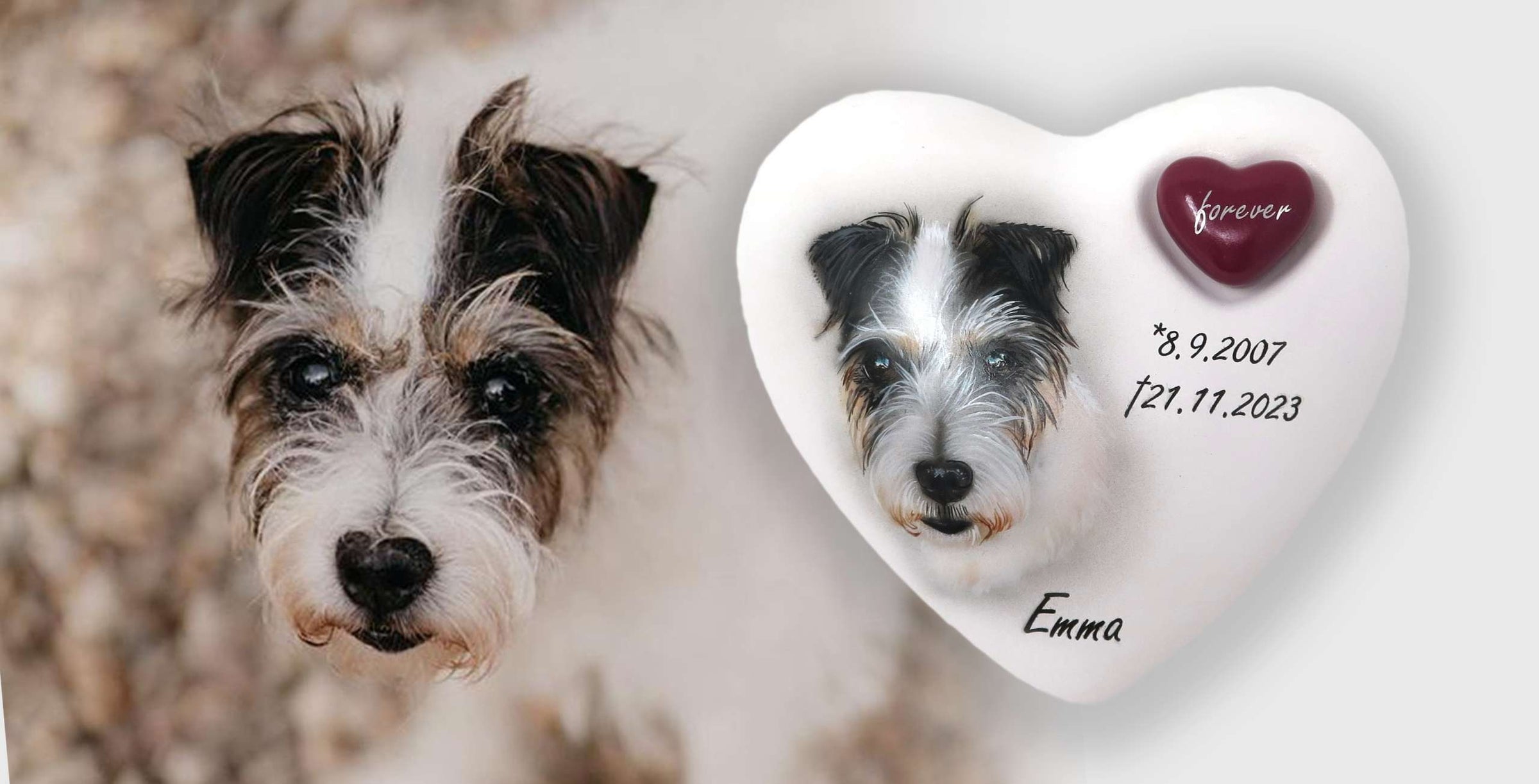 Tierurne in Herzform mit Portrait nach Fotovorlage