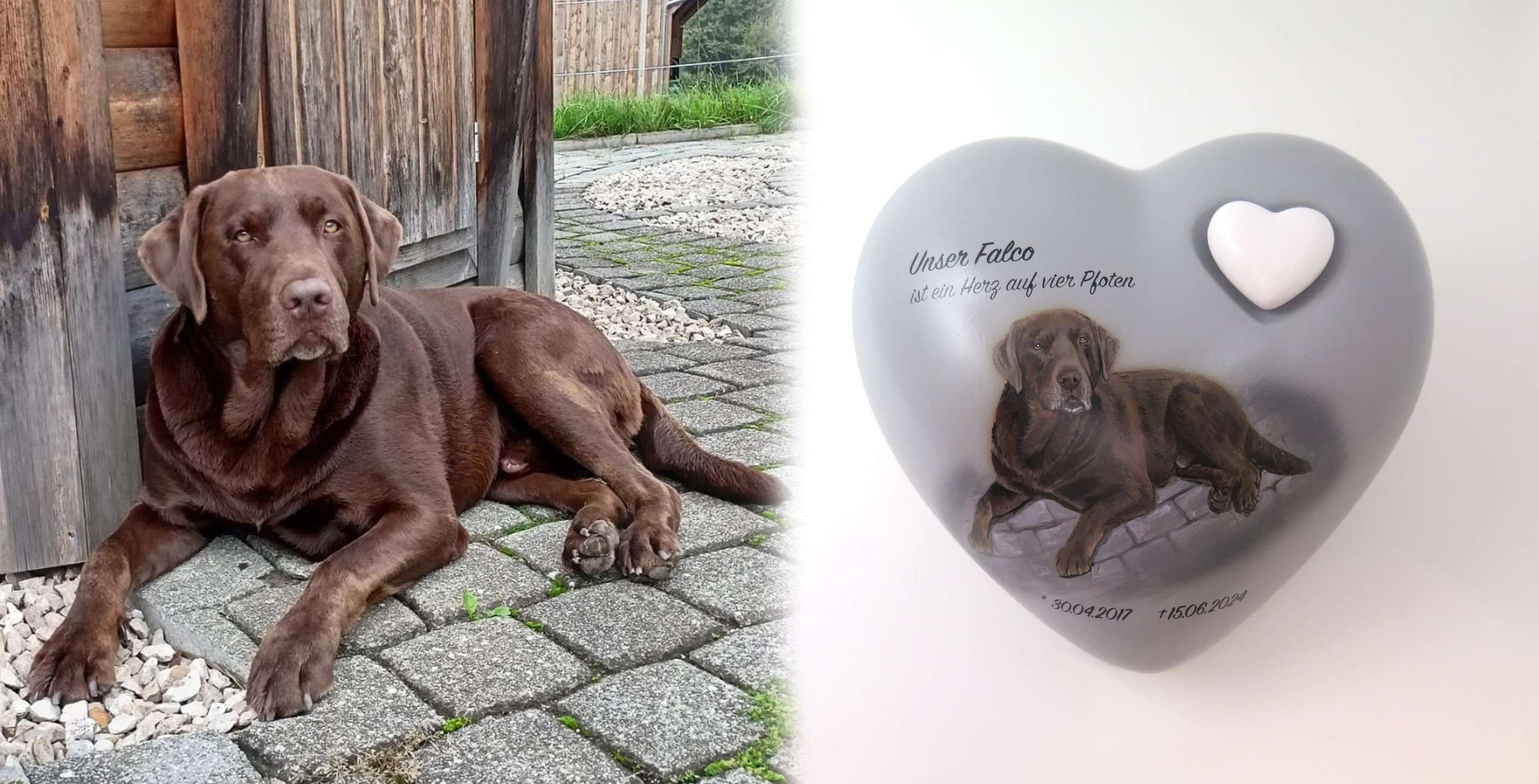 Tierurne in Herzform mit Portrait nach Fotovorlage