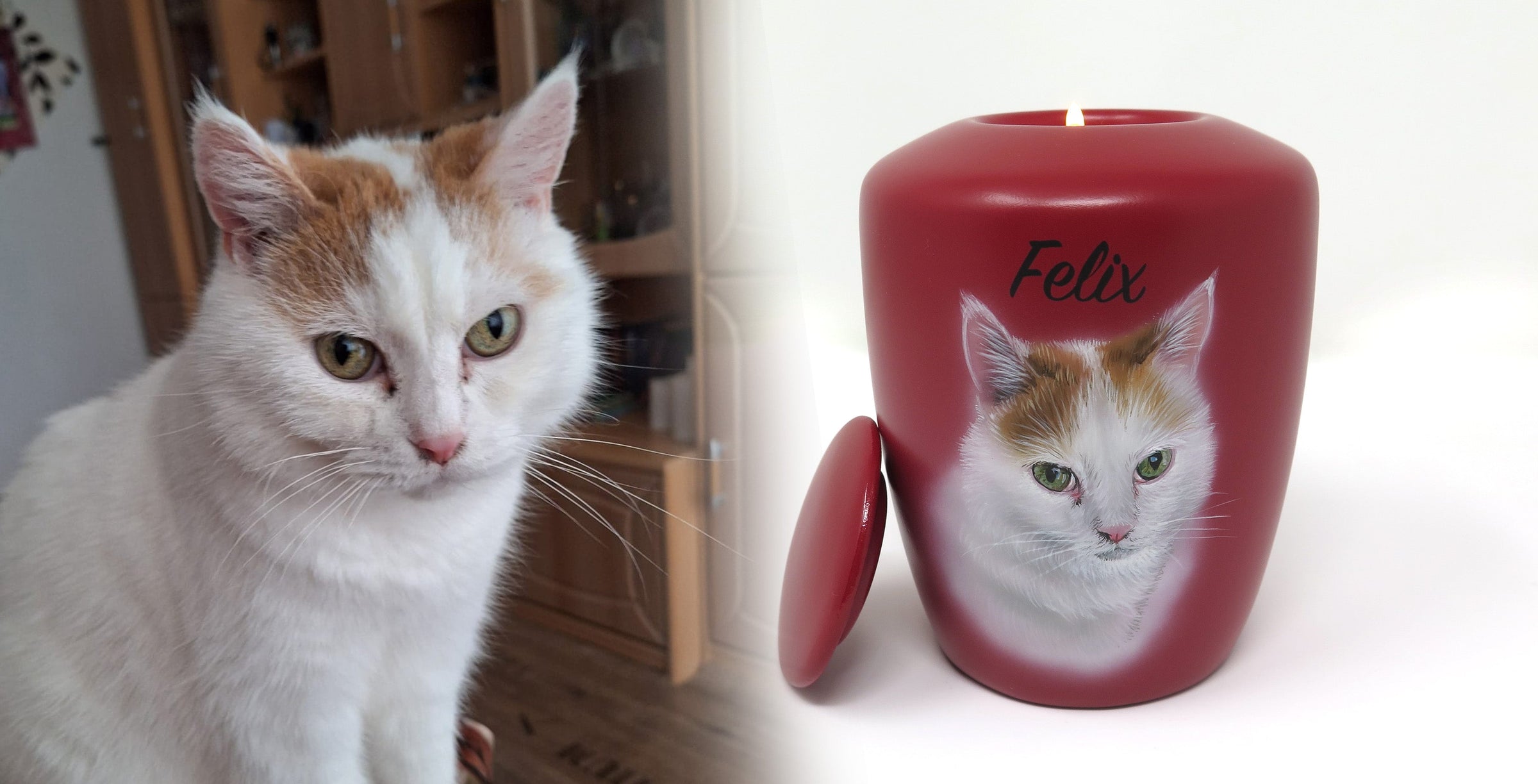Tierurne mit Portrait nach Fotovorlage gezeichnet inklusive Teelichteinsatz