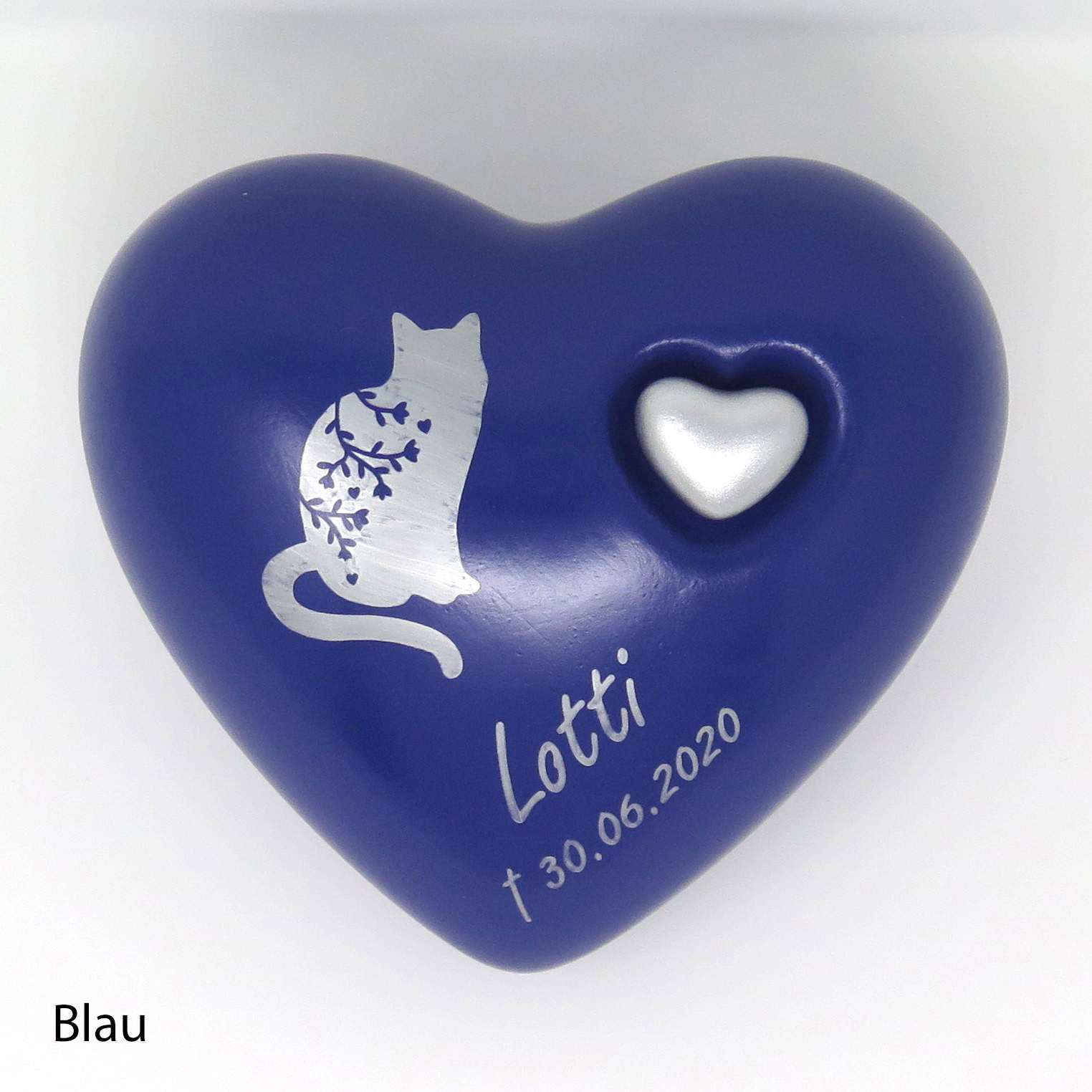 Katzenurne in Herzform mit aufgemalter Katze Blau