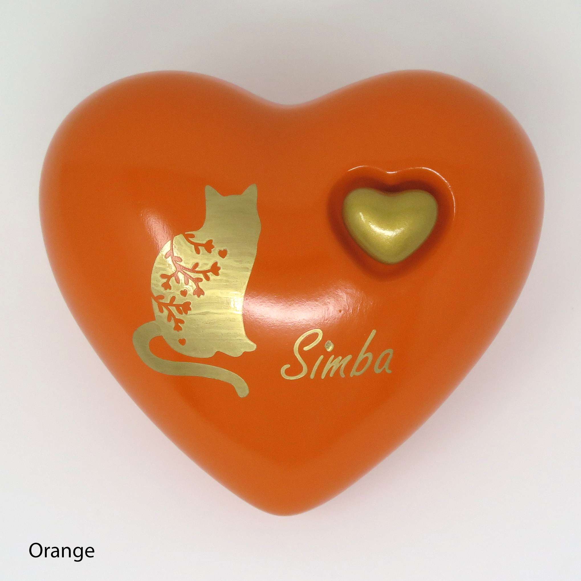 Katzenurne in Herzform mit aufgemalter Katze Orange