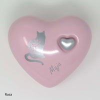 Katzenurne in Herzform mit aufgemalter Katze Rosa