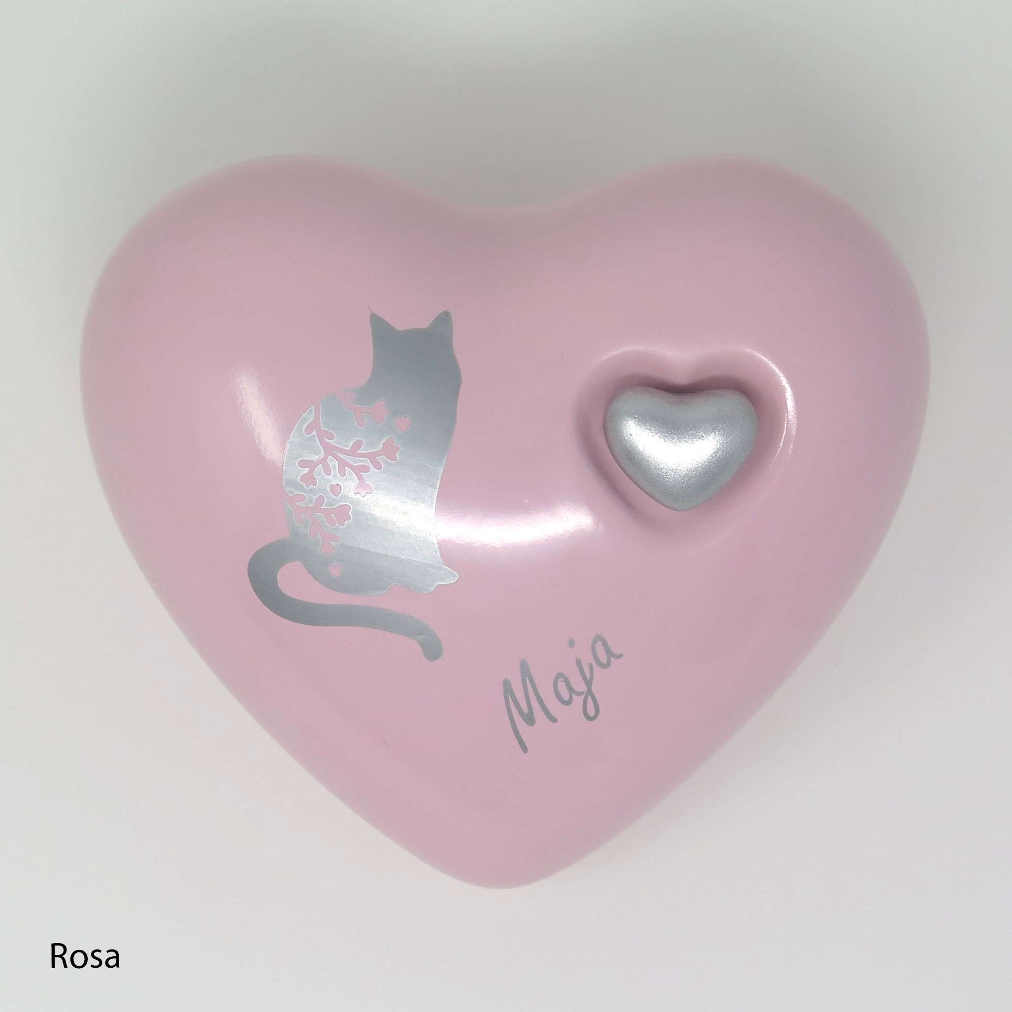 Katzenurne in Herzform mit aufgemalter Katze Rosa