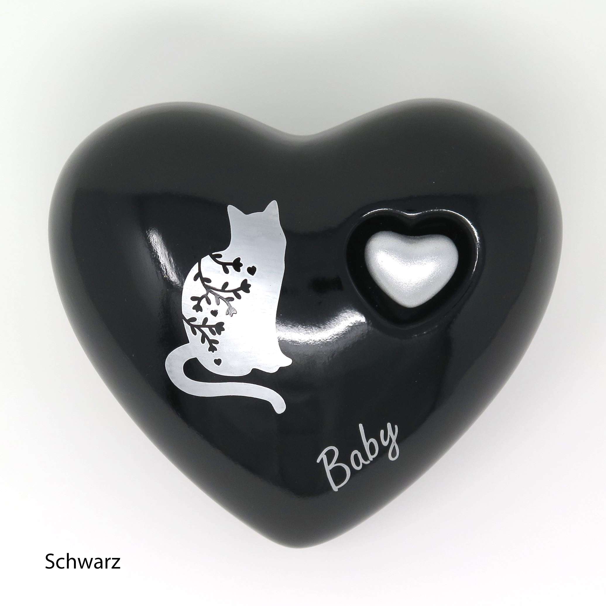 Katzenurne in Herzform mit aufgemalter Katze Schwarz