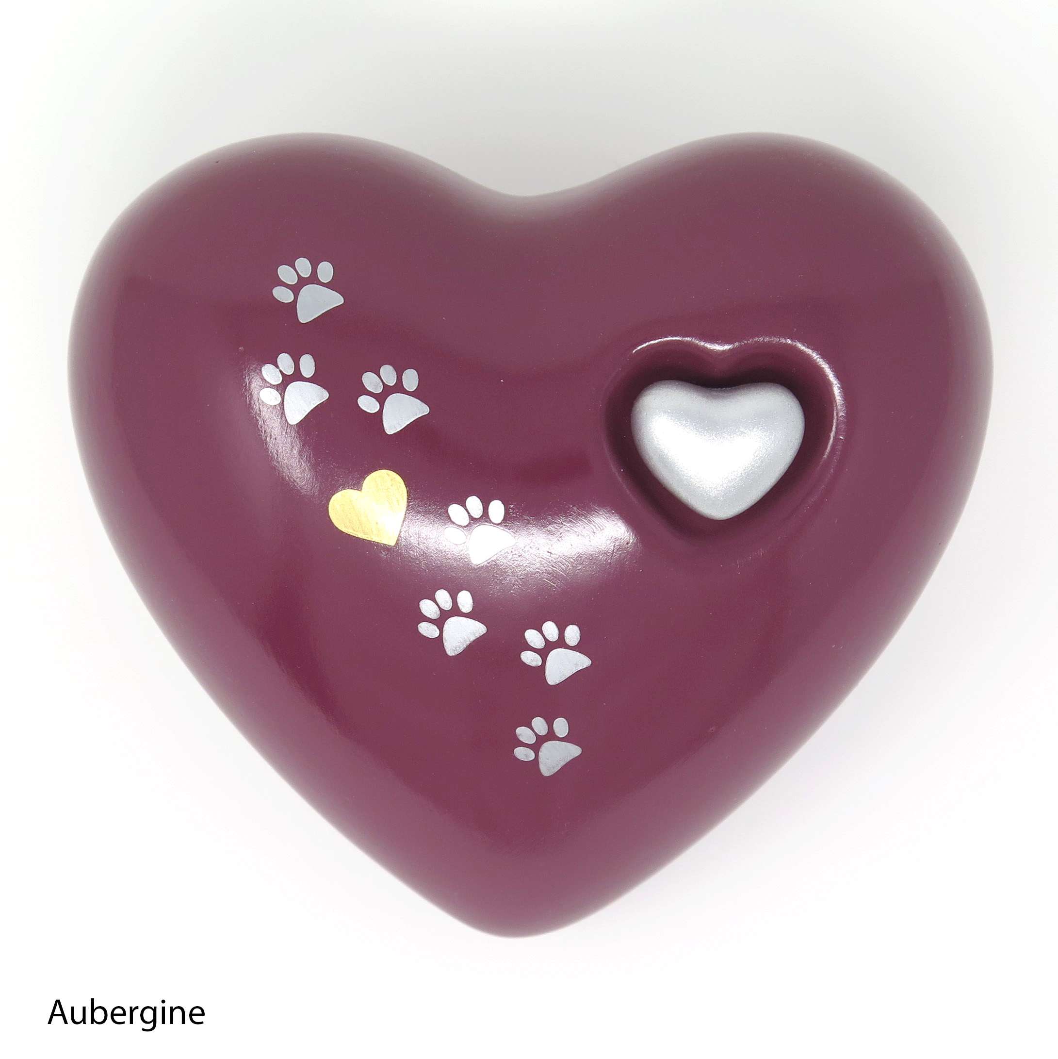 Tierurne in Herzform mit einer Pfötchenspur bemalt Aubergine