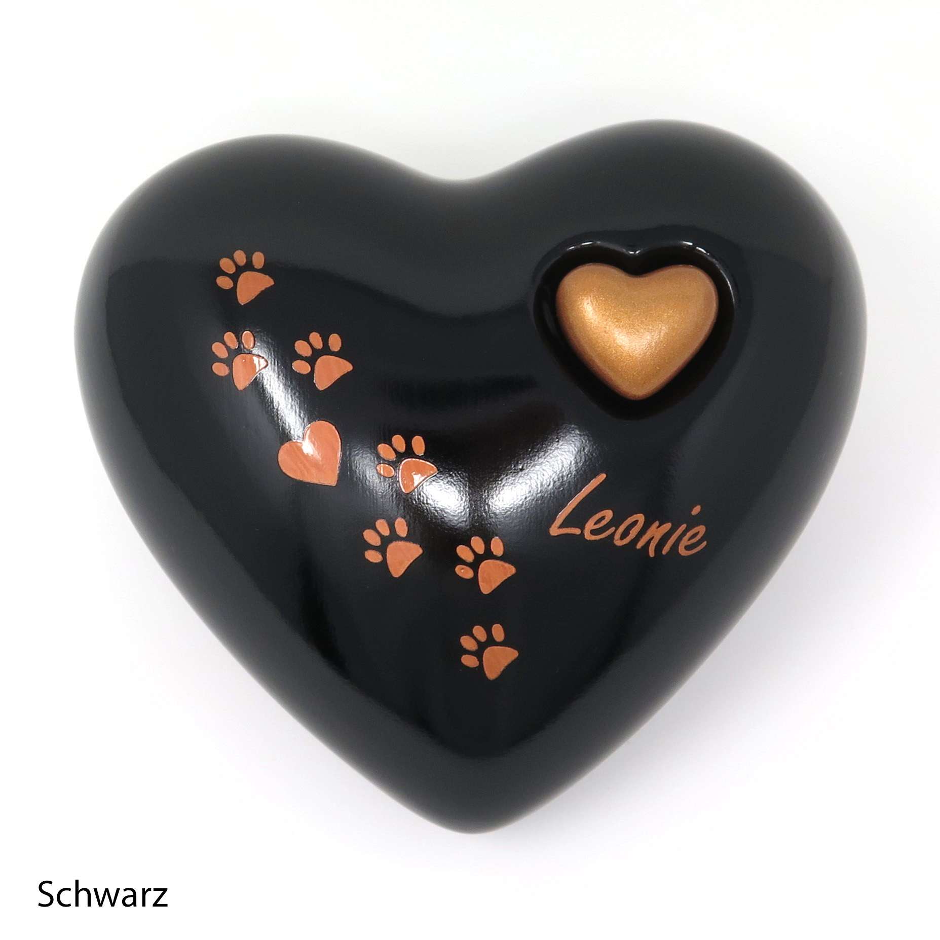 Tierurne in Herzform mit einer Pfötchenspur bemalt Schwarz