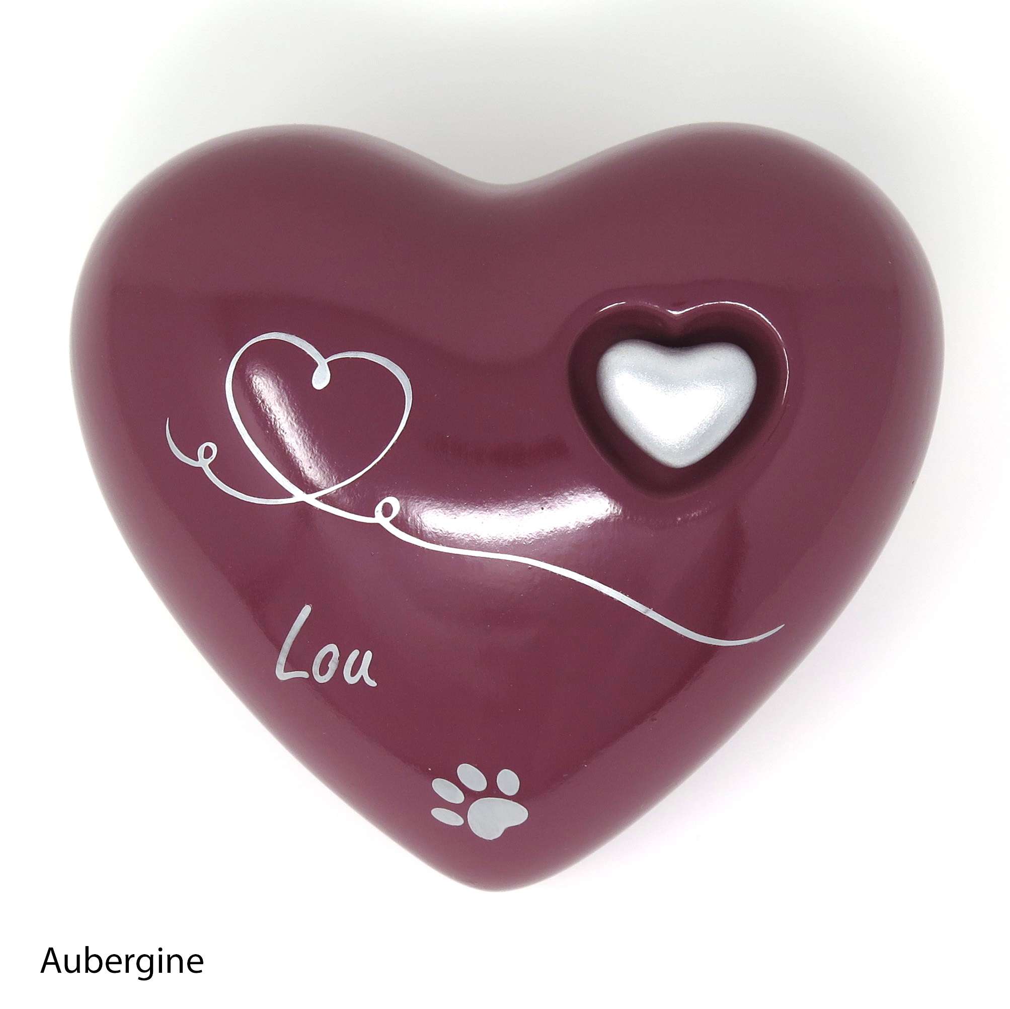 Tierurne in Herzform mit Herzzeichnung Aubergine