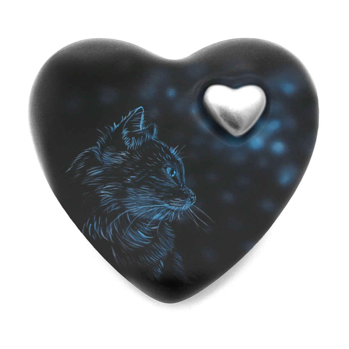 Katzenurne in Herzform mit Katzensilhouette in Blau