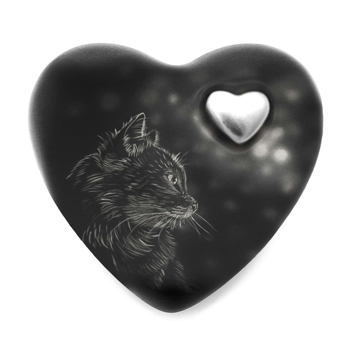Katzenurne in Herzform mit Katzensilhouette in Weiß