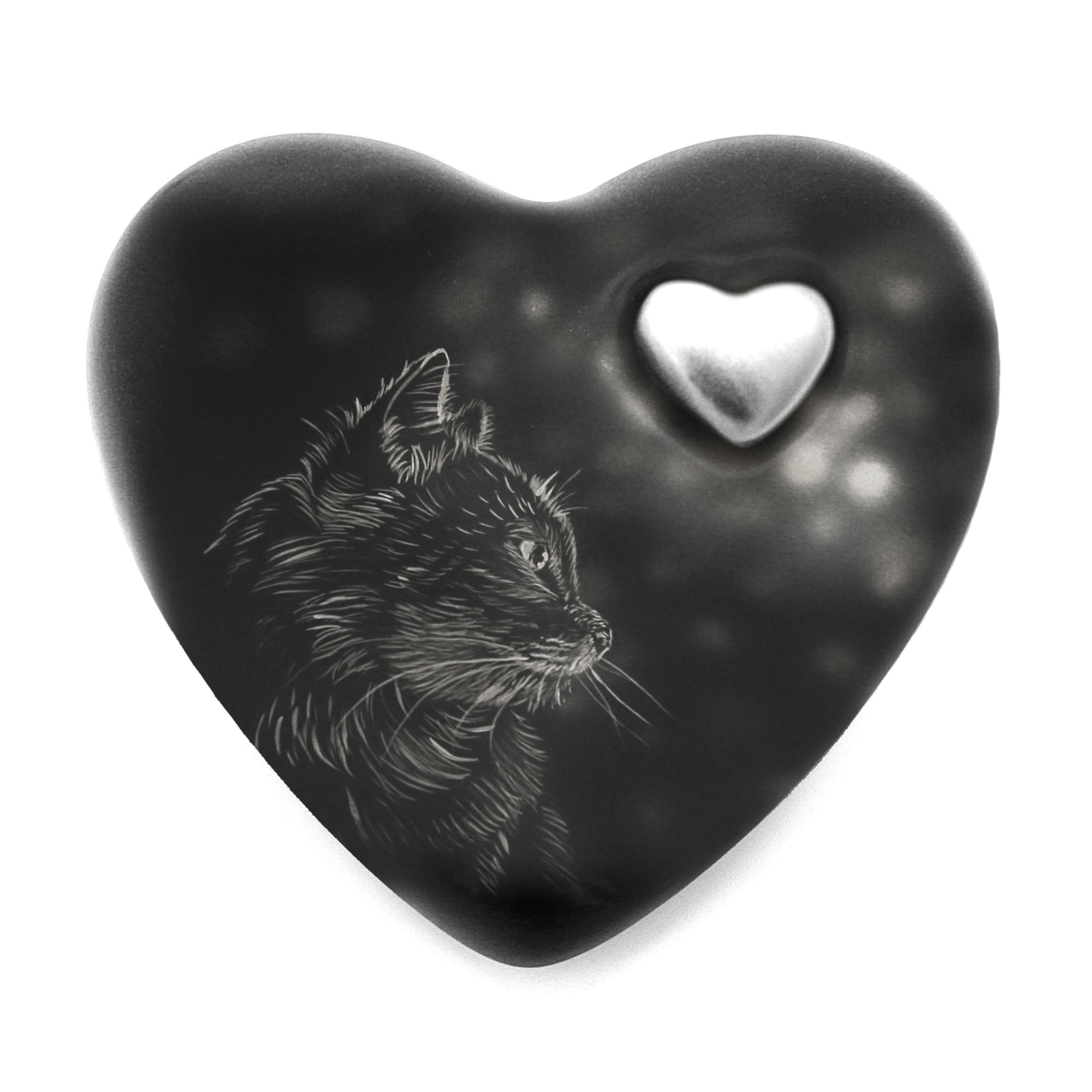 Katzenurne in Herzform mit Katzensilhouette in Weiß