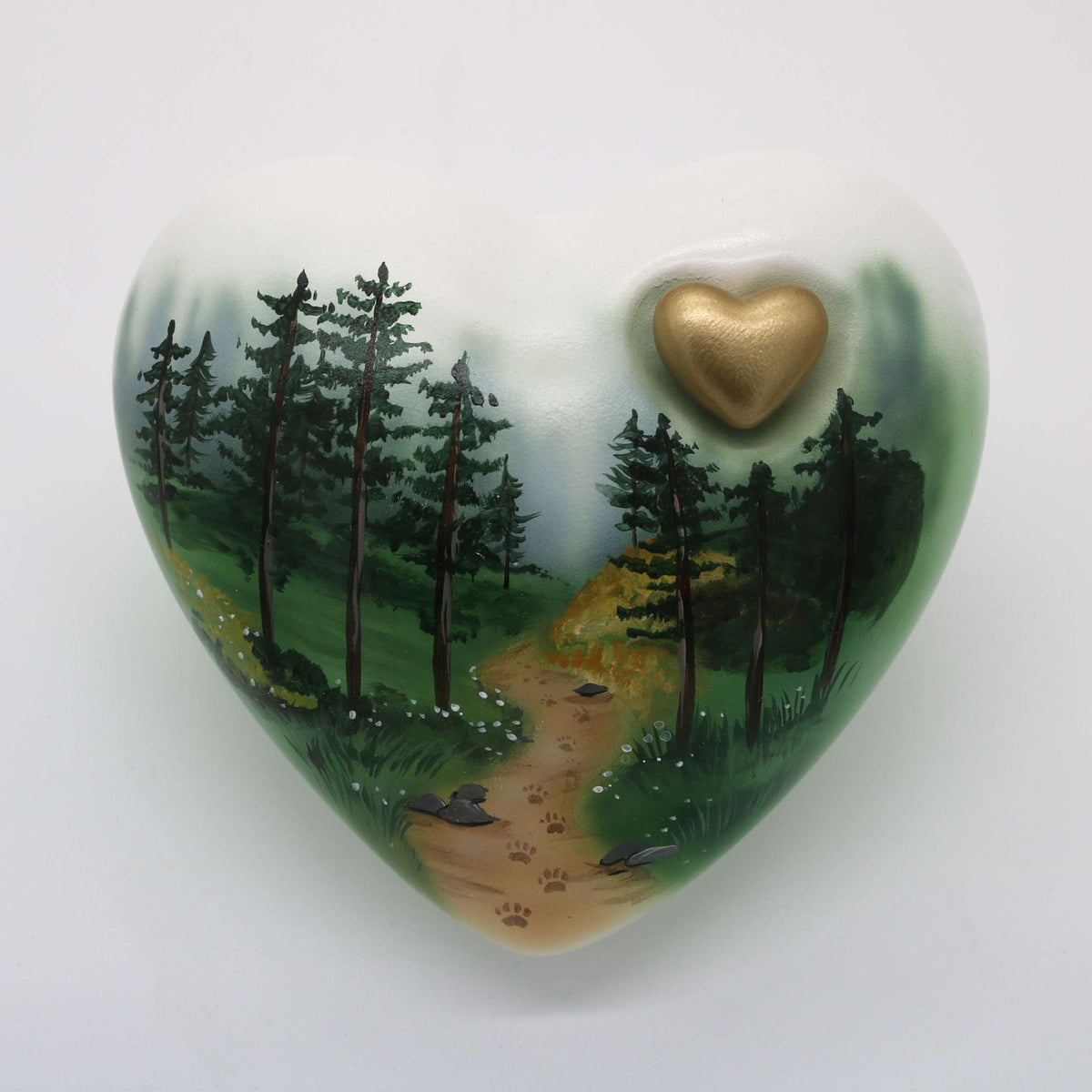 Tierurne in Herzform mit Waldmotiv bemalt