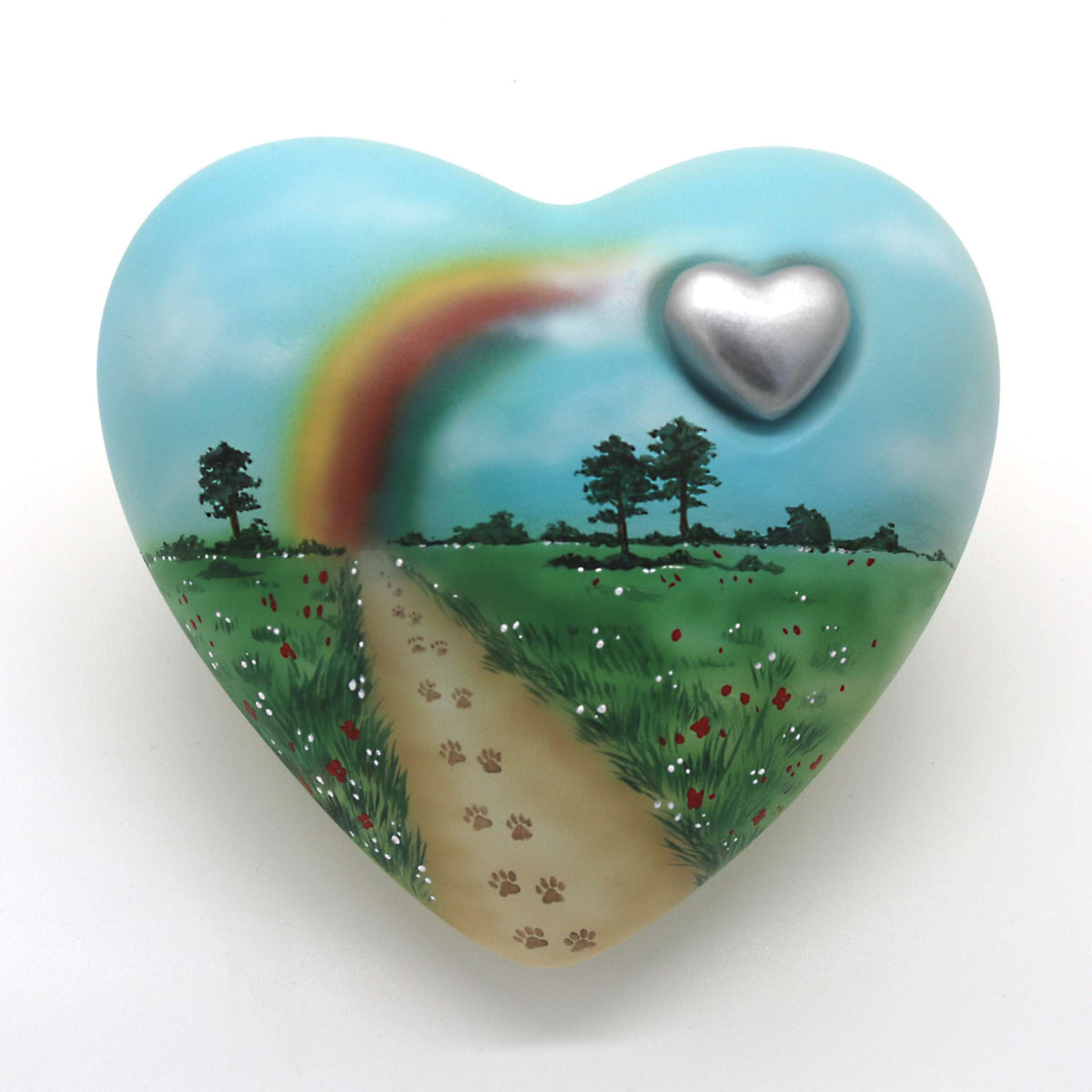 Tierurne in Herzform mit Blumenwiese und Regenbogen bemalt