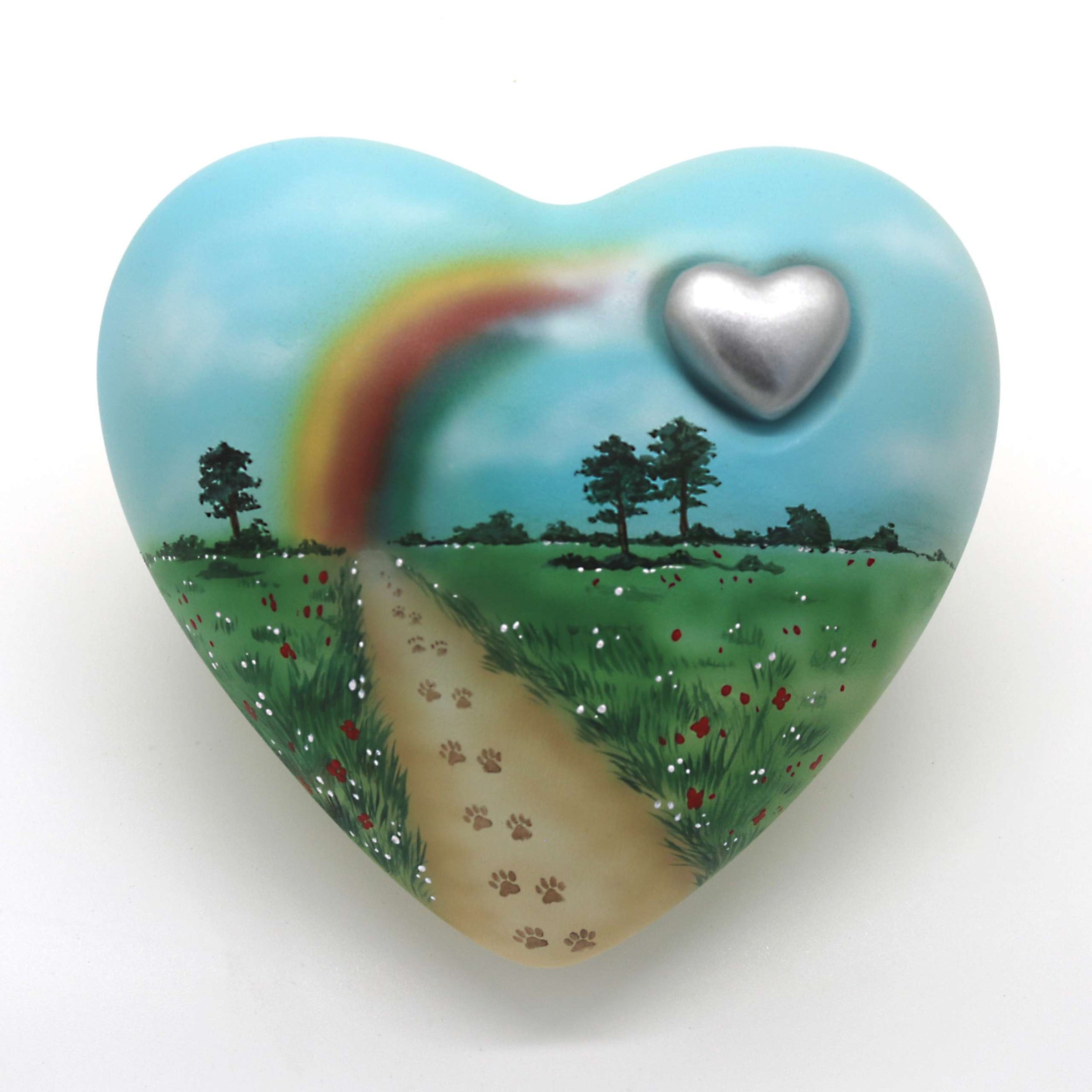 Tierurne in Herzform mit Blumenwiese und Regenbogen bemalt