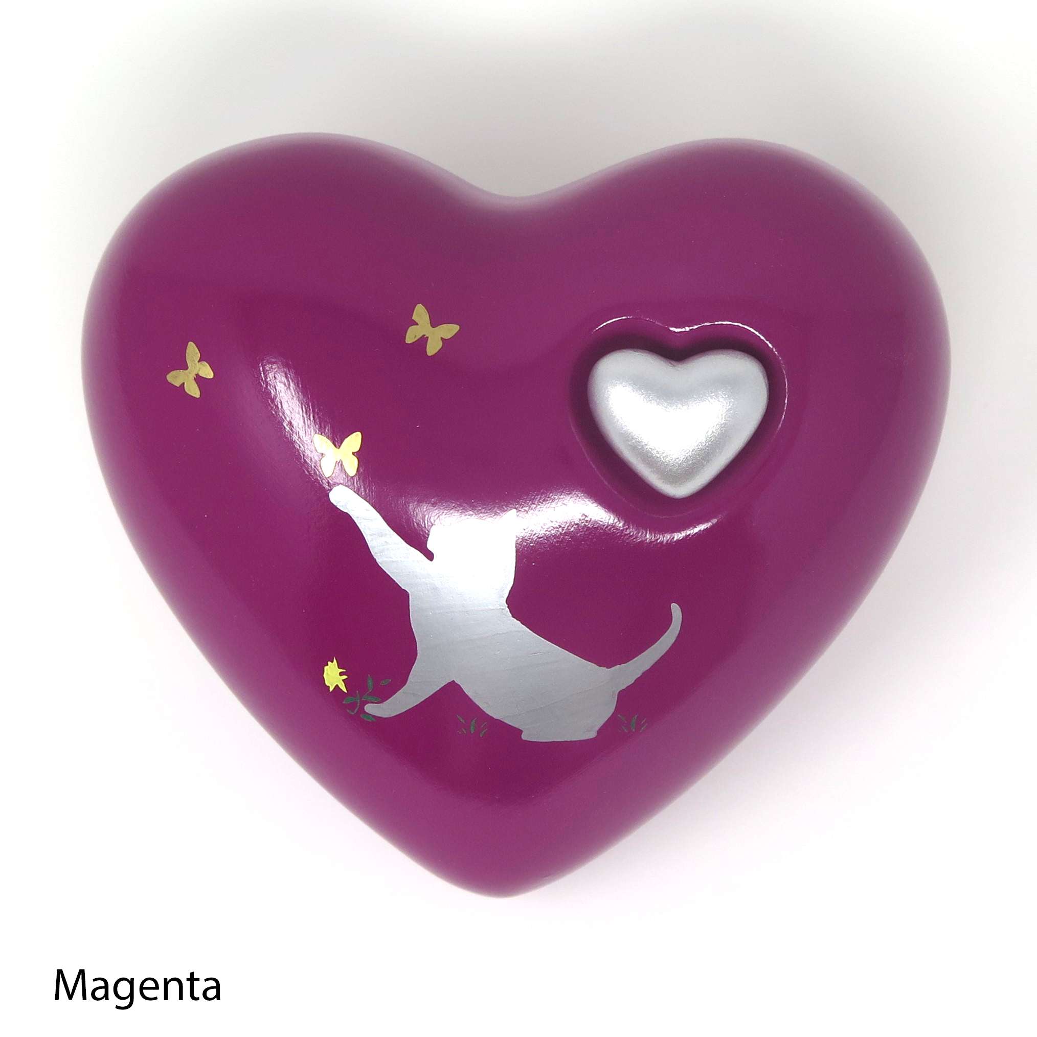 Katzenurne in Herzform mit aufgemalter Katze und Schmetterlingen Magenta