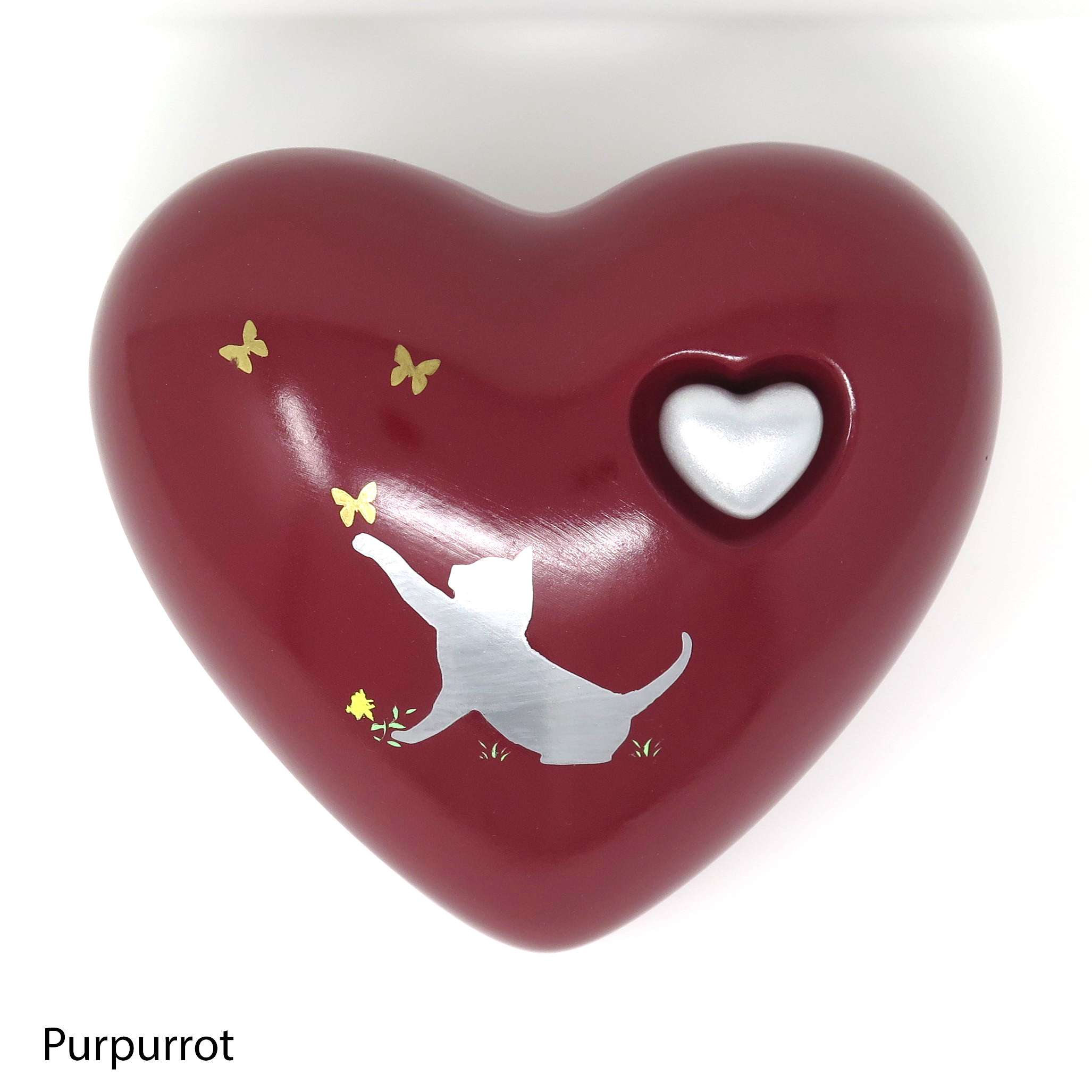 Katzenurne in Herzform mit aufgemalter Katze und Schmetterlingen Purpurrot
