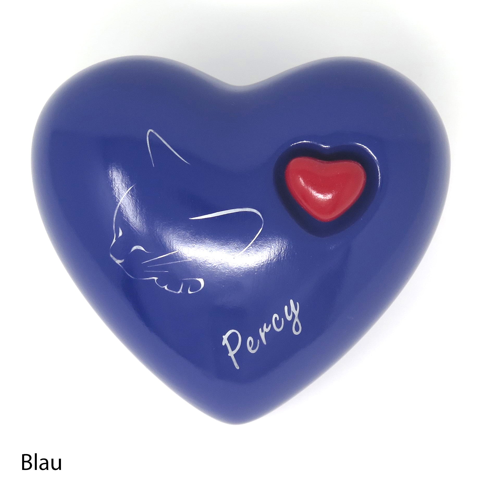 Katzenurne in Herzform mit aufgemalter Katze Blau