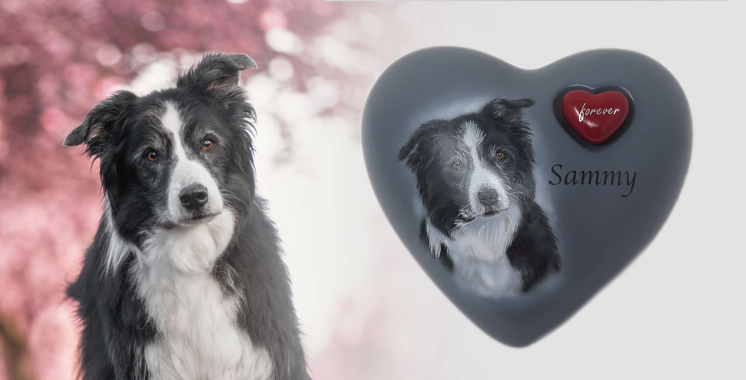 Tierurne in Herzform mit Portrait nach Fotovorlage