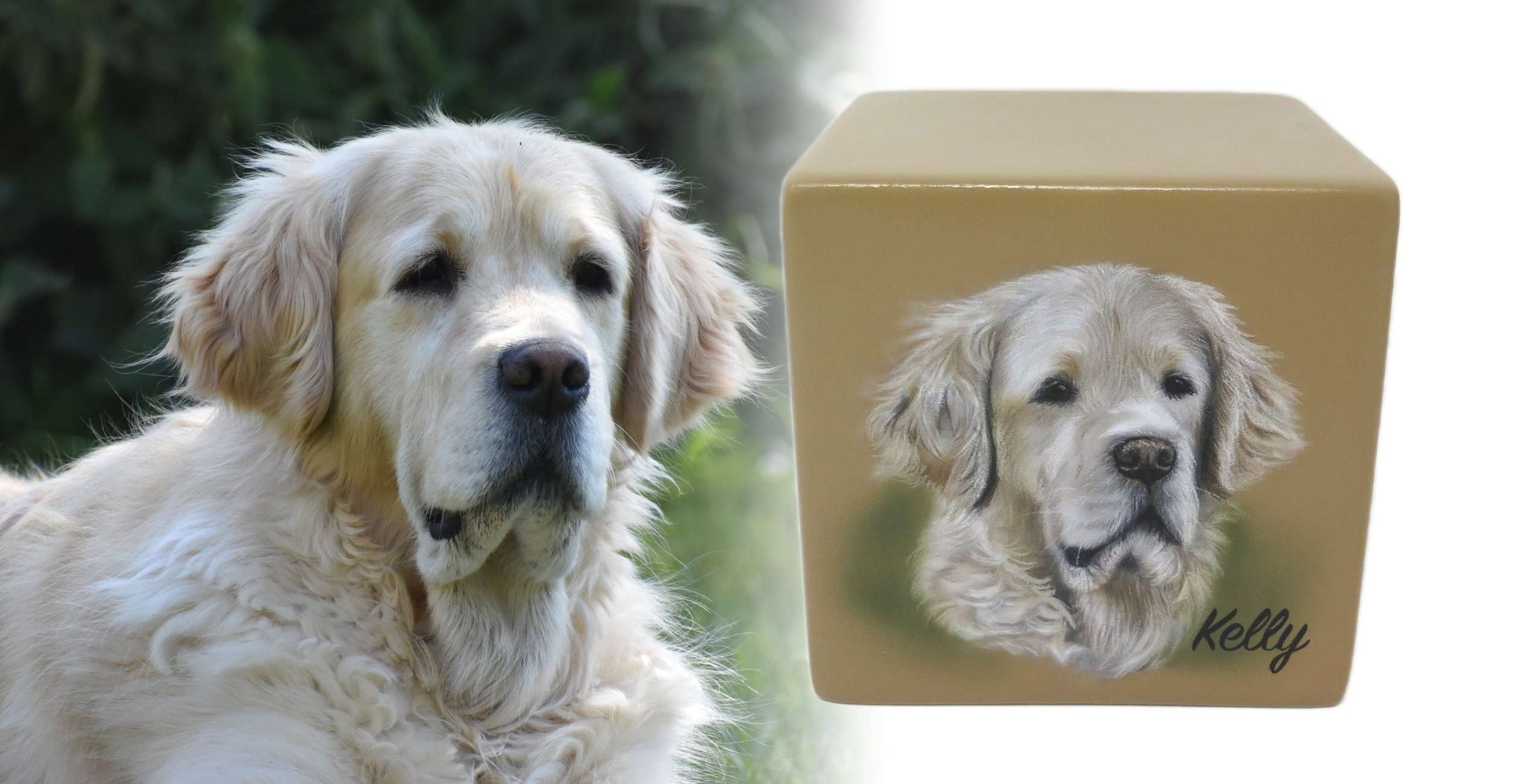 Tierurne in Würfelform mit Portrait nach Fotovorlage