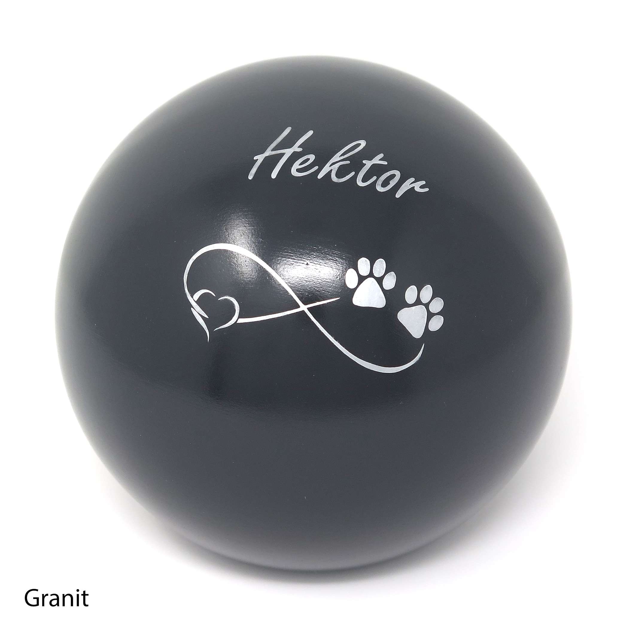 Tierurne in Kugelform mit einem Endlose Liebe Symbol bemalt Granit