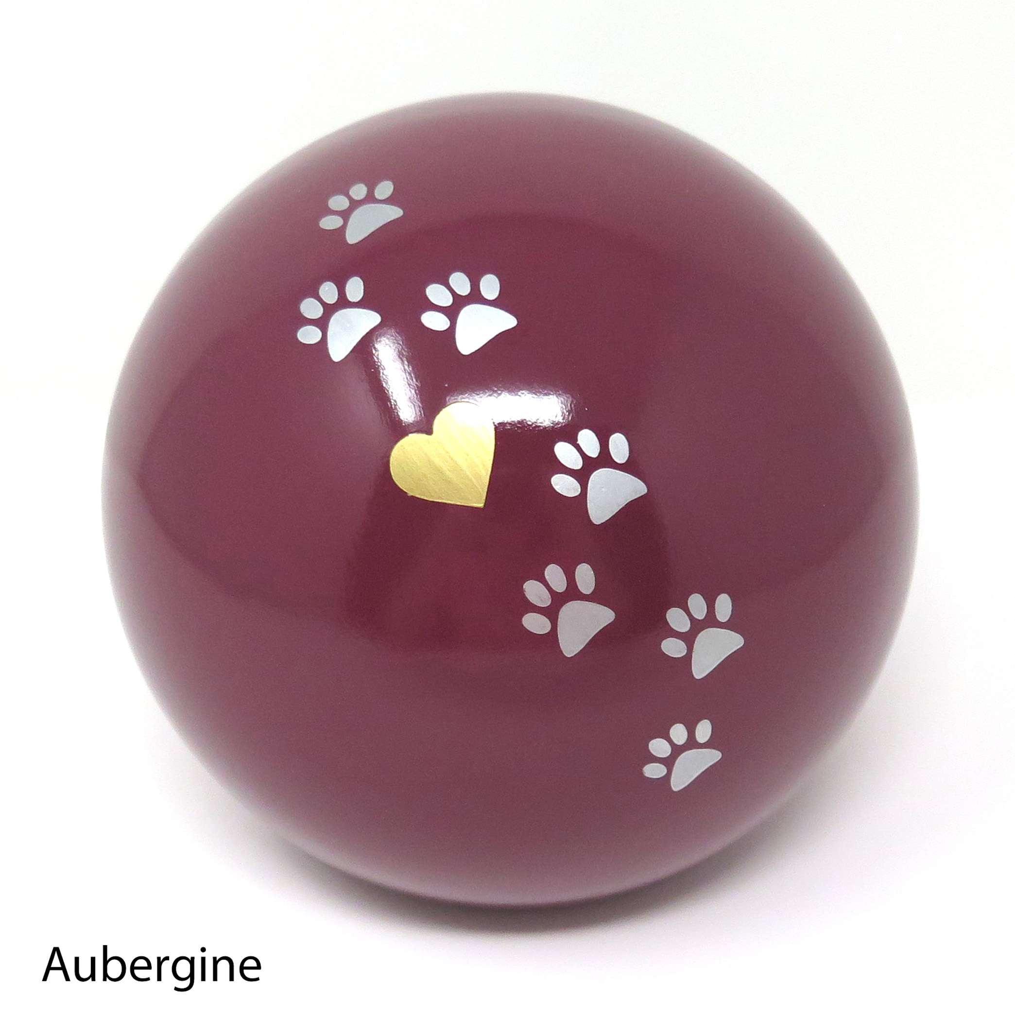 Tierurne in Kugelform mit einer Pfötchenspur und einem kleinen Herzchen bemalt Aubergine