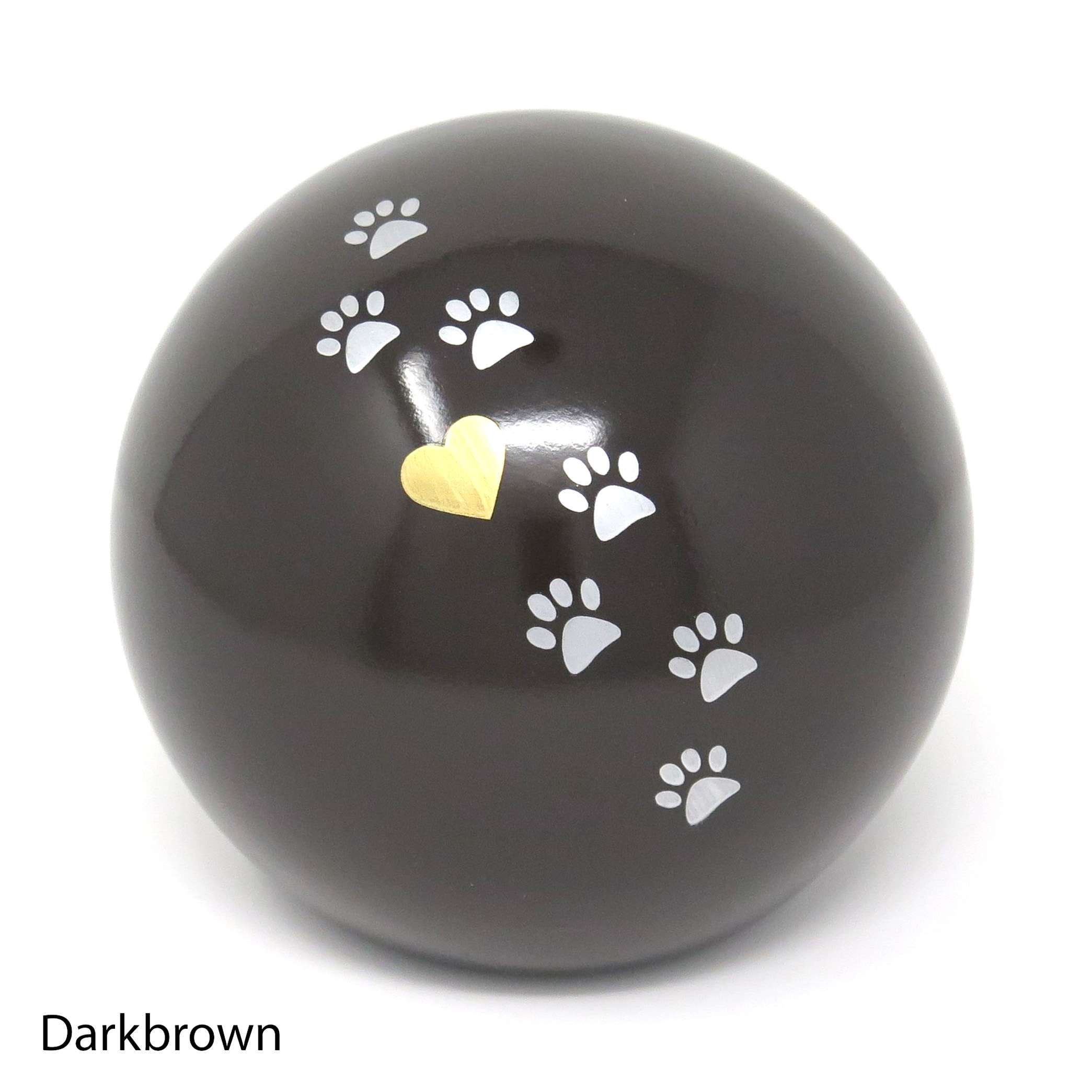 Tierurne in Kugelform mit einer Pfötchenspur und einem kleinen Herzchen bemalt Darkbrown
