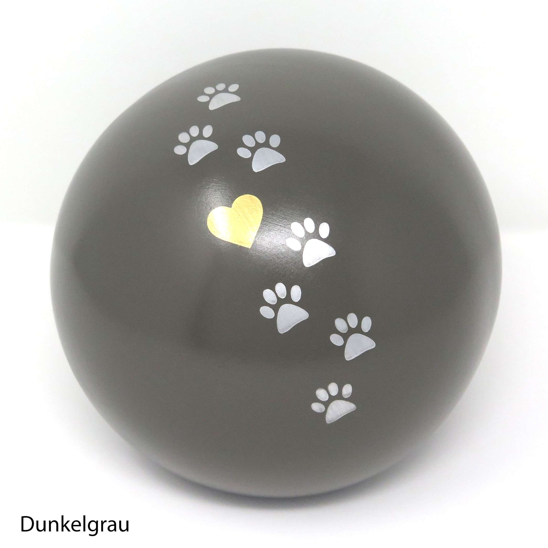 Tierurne in Kugelform mit einer Pfötchenspur und einem kleinen Herzchen bemalt Dunkelgrau