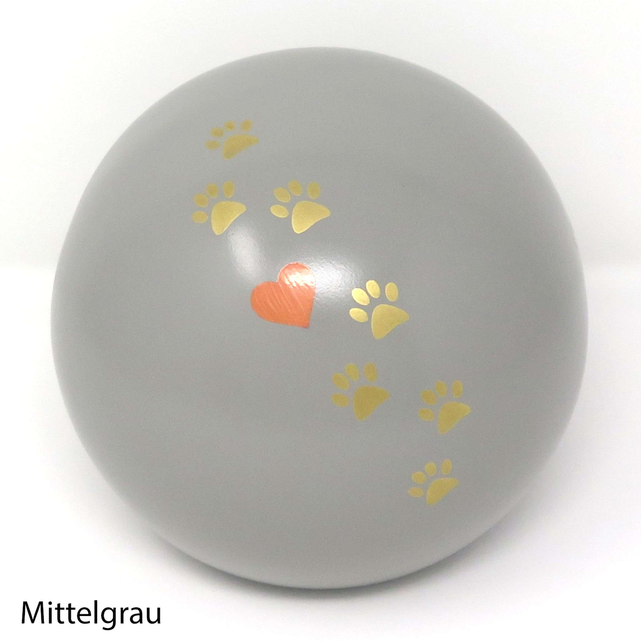 Tierurne in Kugelform mit einer Pfötchenspur und einem kleinen Herzchen bemalt Mittelgrau