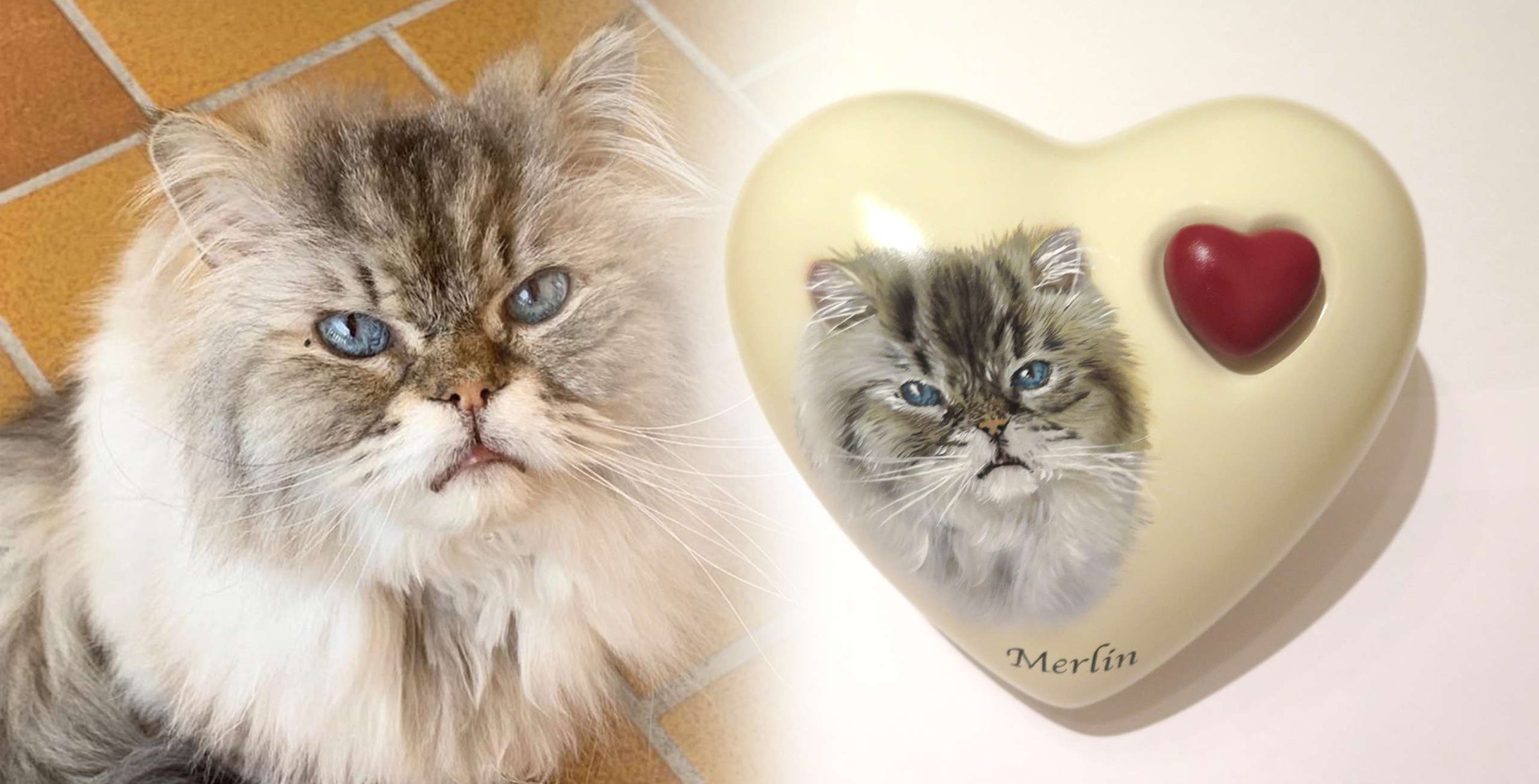 Tierurne in Herzform mit Portrait nach Fotovorlage