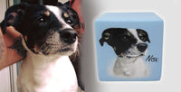 Tierurne in Würfelform mit Portrait nach Fotovorlage