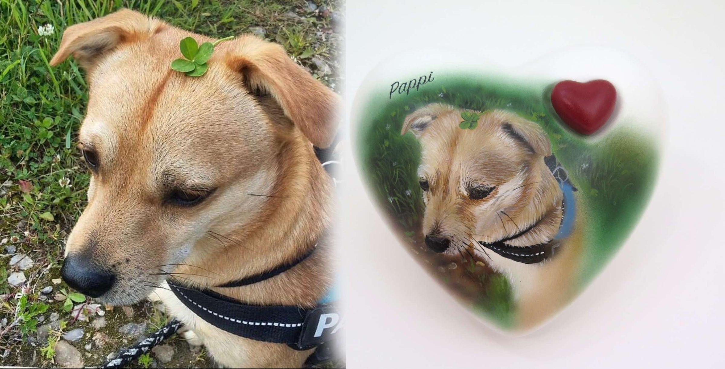 Tierurne in Herzform mit Portrait nach Fotovorlage