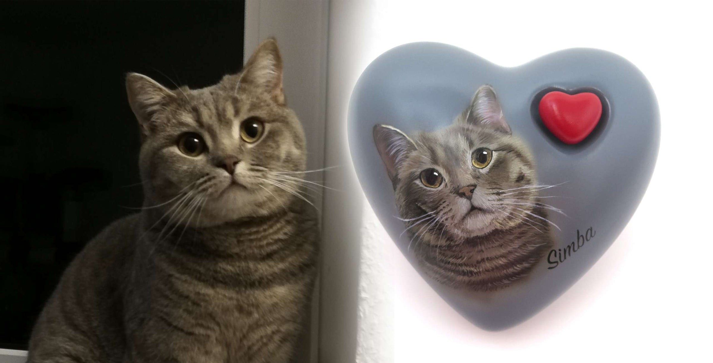 Tierurne in Herzform mit Portrait nach Fotovorlage