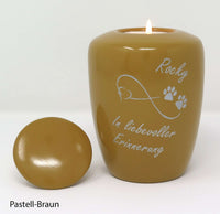 Tierurne mit Teelichteinsatz Pastell-Baun mit Endlose Liebe Symbol