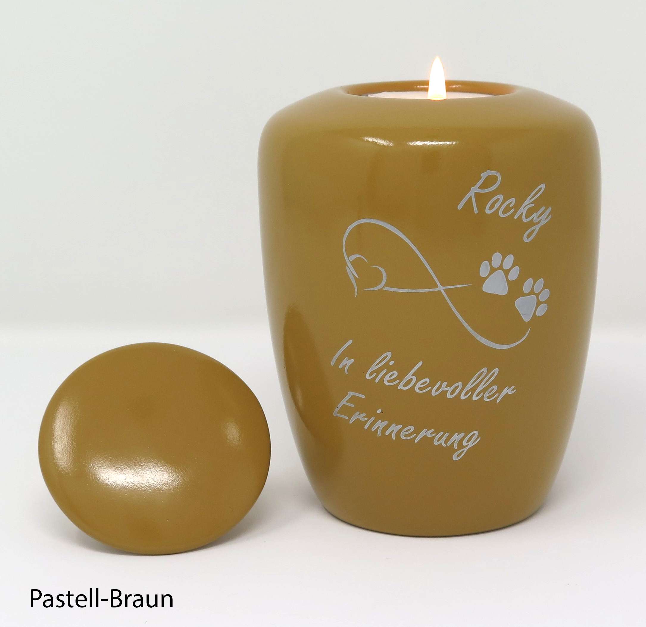 Tierurne mit Teelichteinsatz Pastell-Baun mit Endlose Liebe Symbol