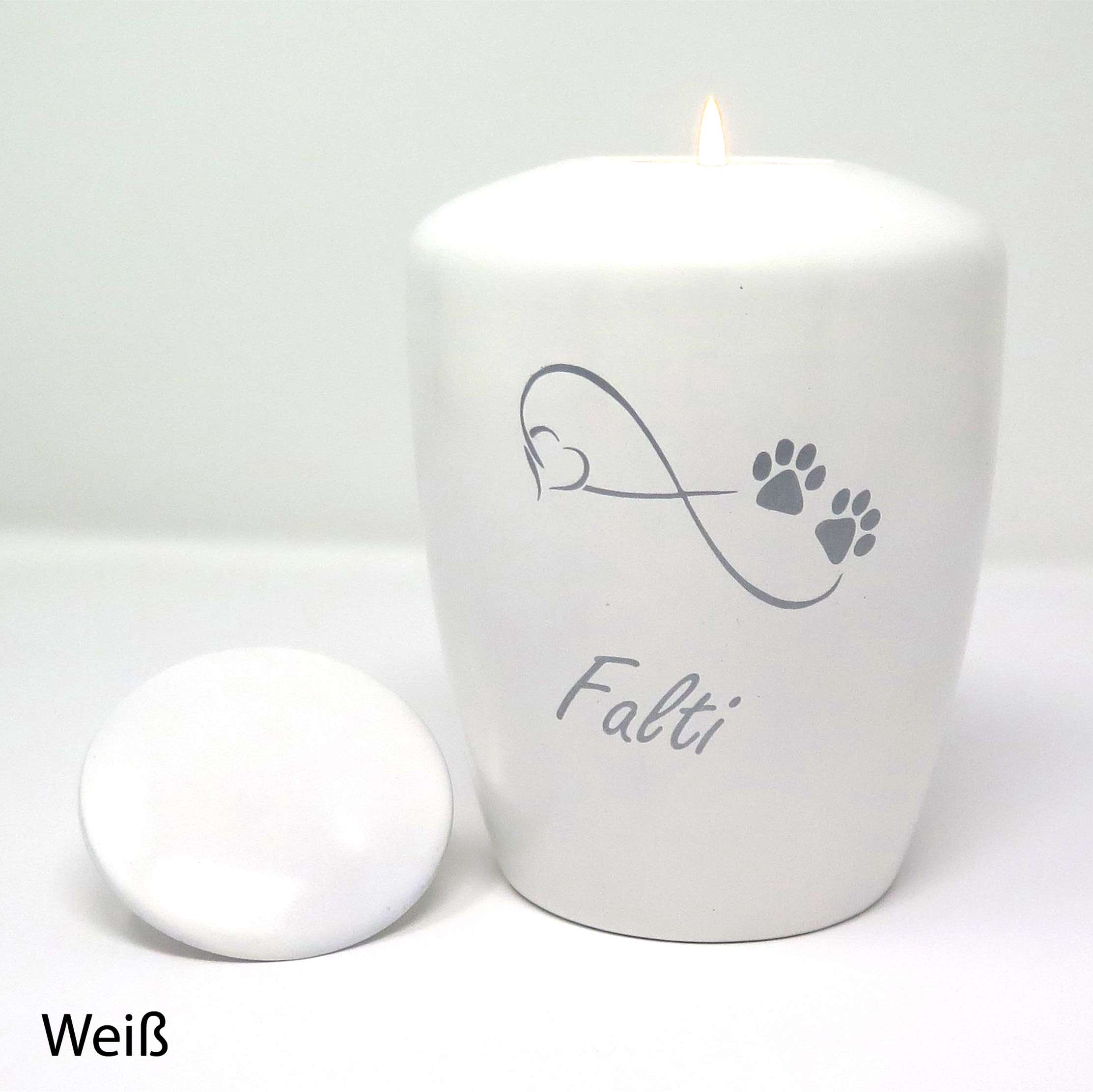 Tierurne mit Teelichteinsatz Weiß mit Endlose Liebe Symbol