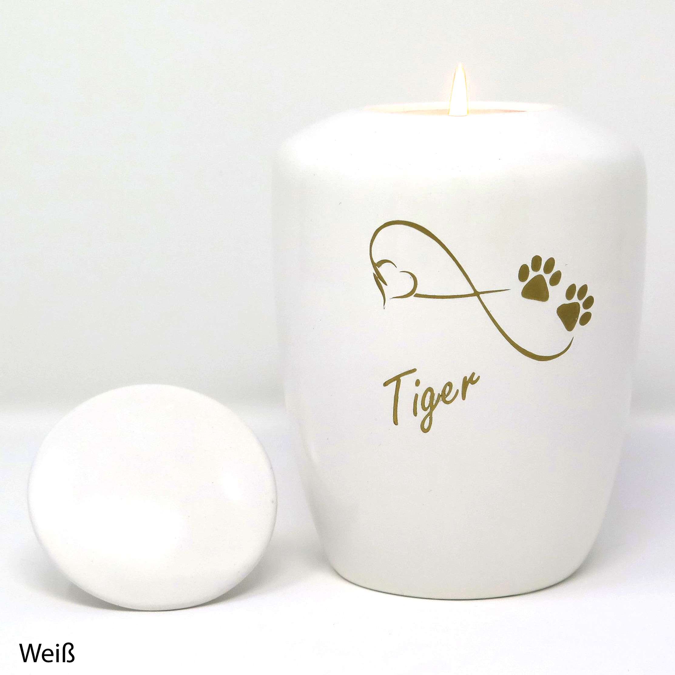 Tierurne mit Teelichteinsatz Weiß mit Endlose Liebe Symbol