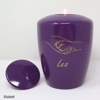 Hundeurne mit Teelichteinsatz mit Hand und Pfote Zeichnung Violett