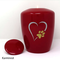 Tierurne mit Teelichteinsatz und Motiv aus Herz und Pfote Karminrot