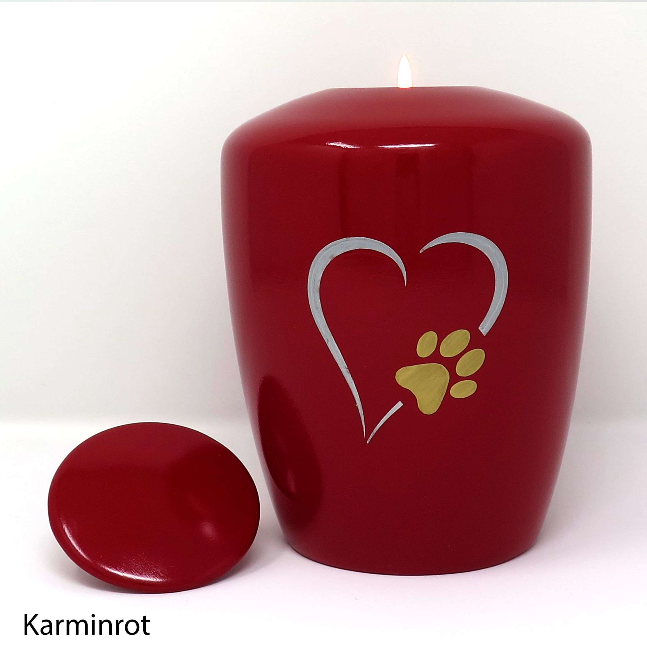 Tierurne mit Teelichteinsatz und Motiv aus Herz und Pfote Karminrot