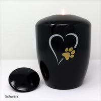 Tierurne mit Teelichteinsatz und Motiv aus Herz und Pfote Schwarz