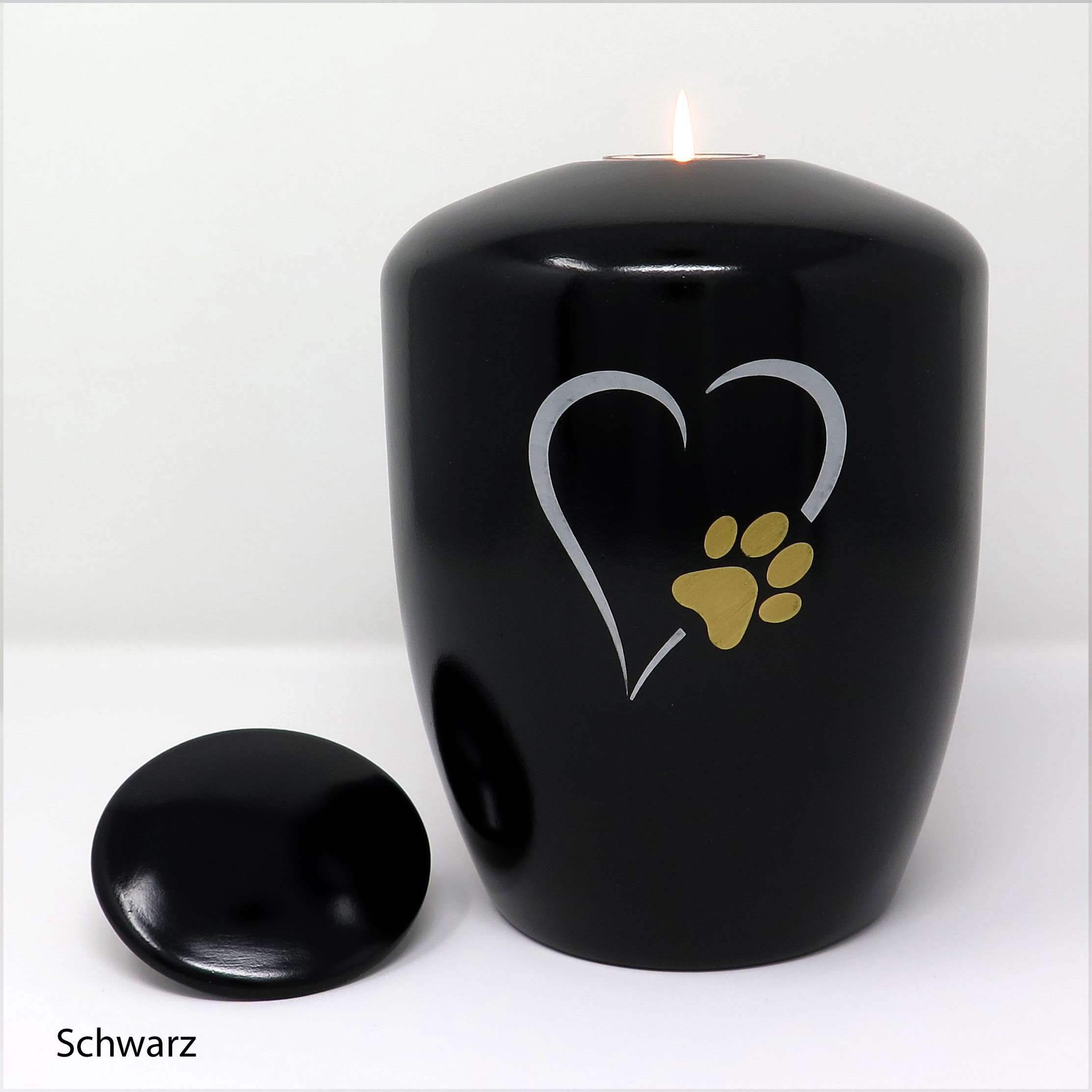 Tierurne mit Teelichteinsatz und Motiv aus Herz und Pfote Schwarz