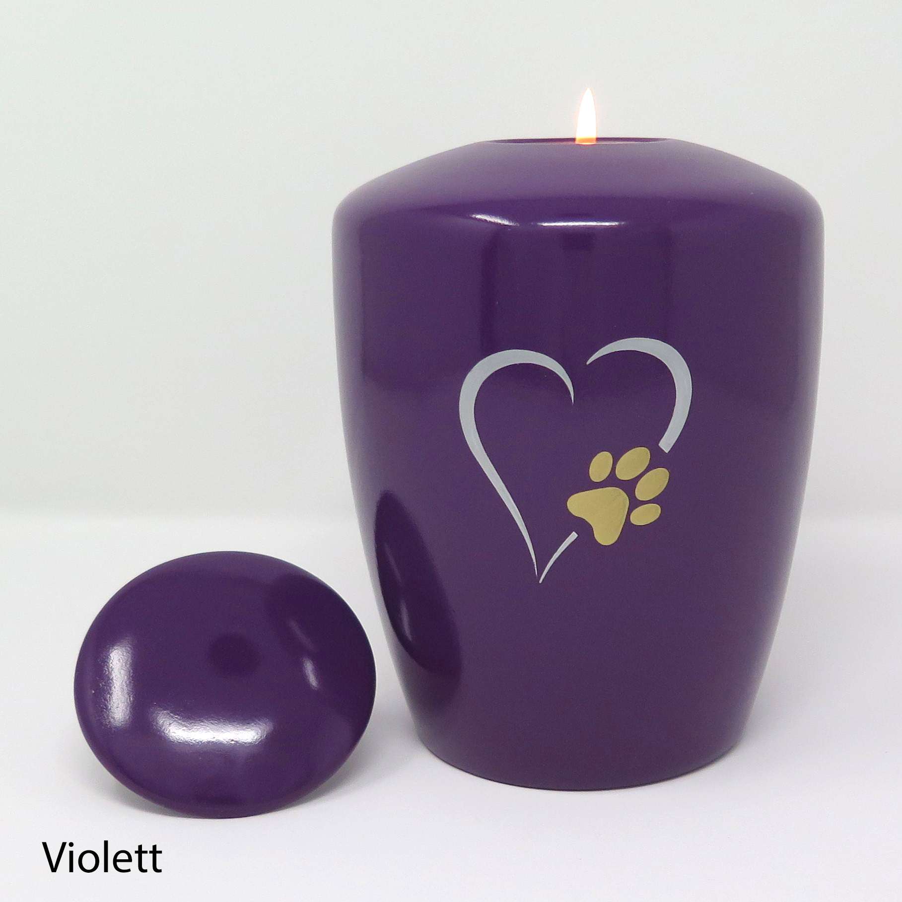 Tierurne mit Teelichteinsatz und Motiv aus Herz und Pfote Violett