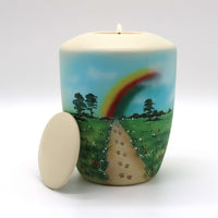 Tierurne mit Teelichteinsatz mit Blumenwiese und Regenbogen bemalt