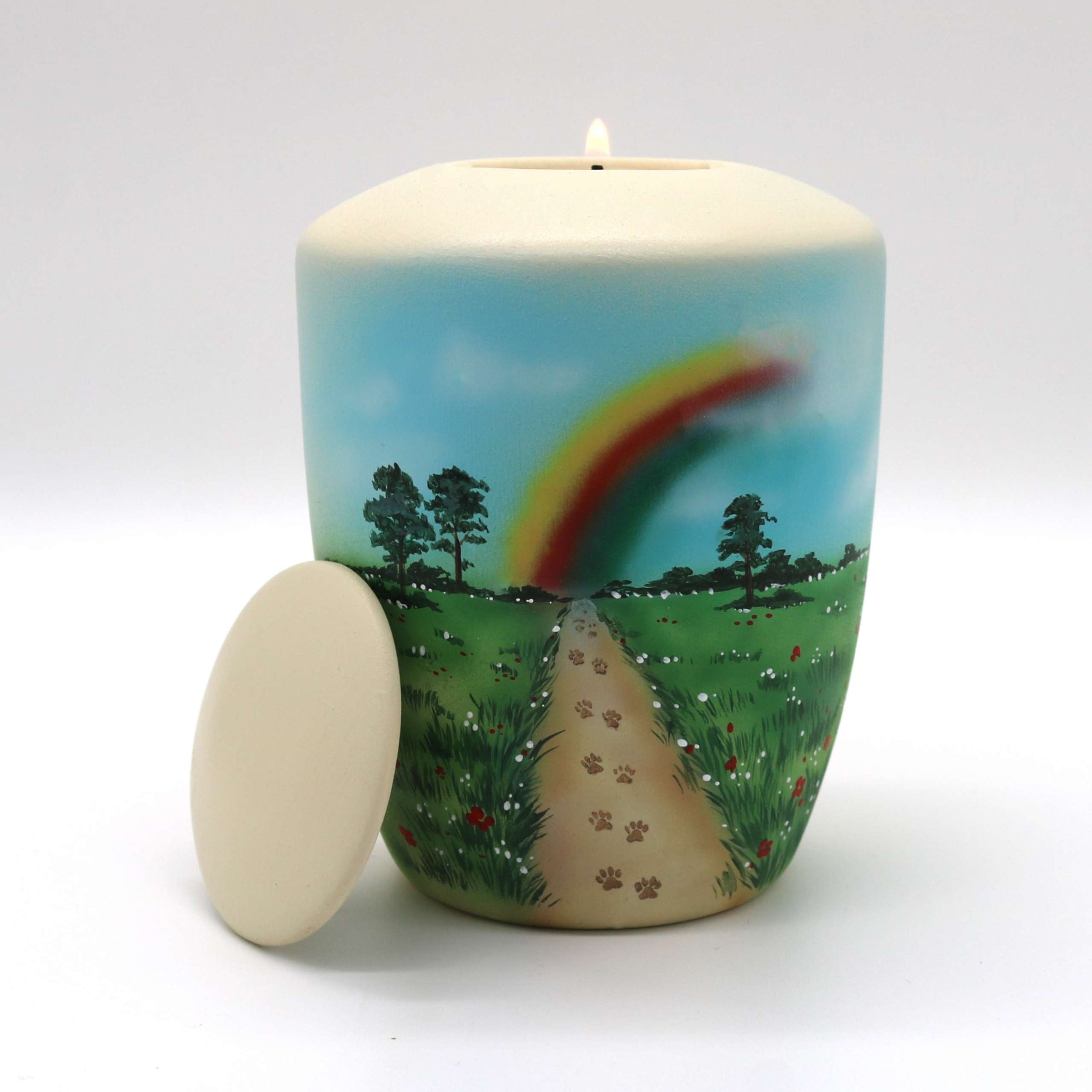 Tierurne mit Teelichteinsatz mit Blumenwiese und Regenbogen bemalt
