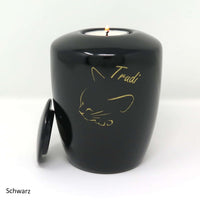 Katzenurne mit Teelichteinsatz mit schlafender Katze Schwarz