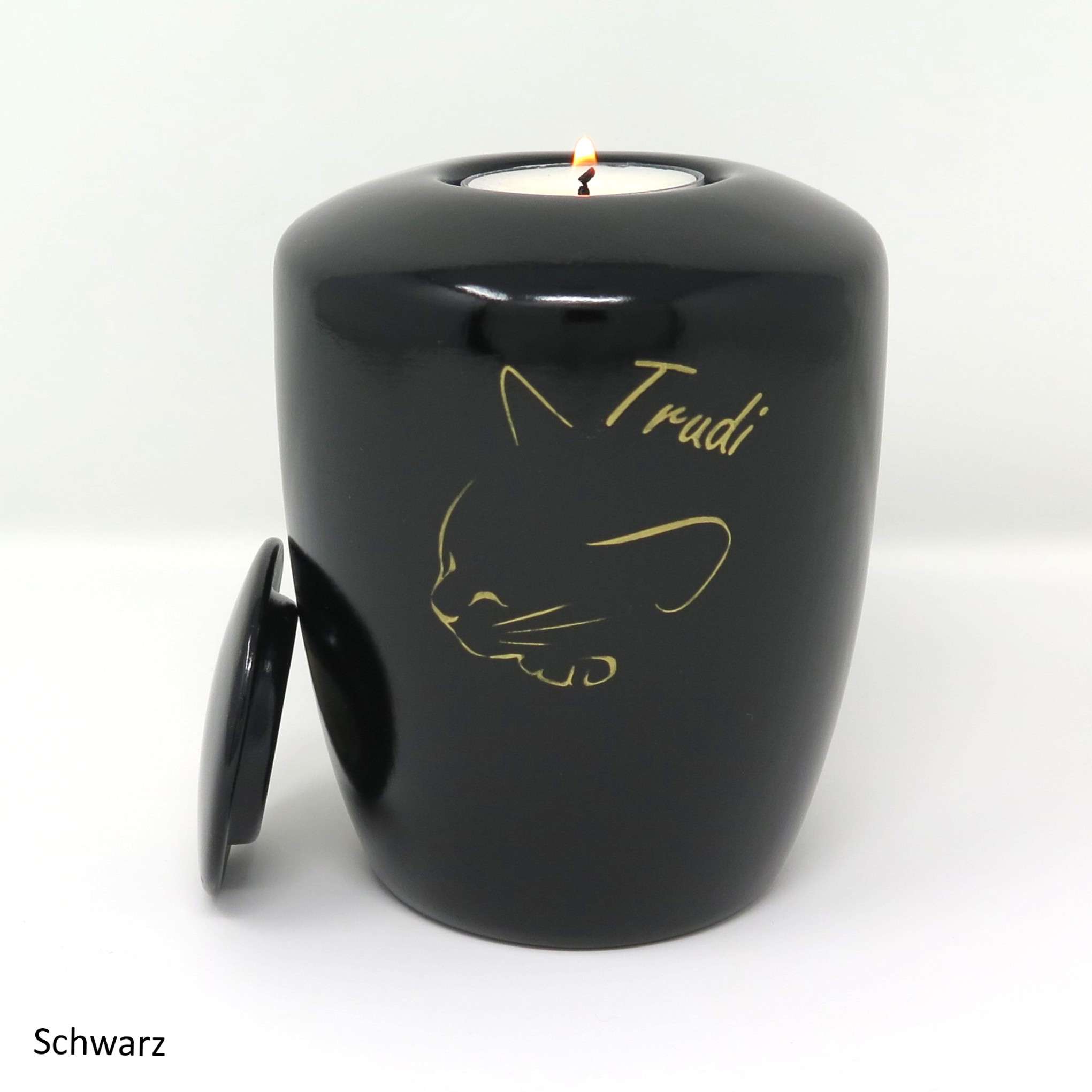 Katzenurne mit Teelichteinsatz mit schlafender Katze Schwarz