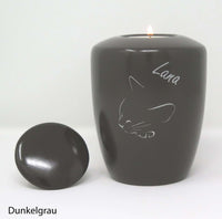 Katzenurne mit Teelichteinsatz mit schlafender Katze Dunkelgrau
