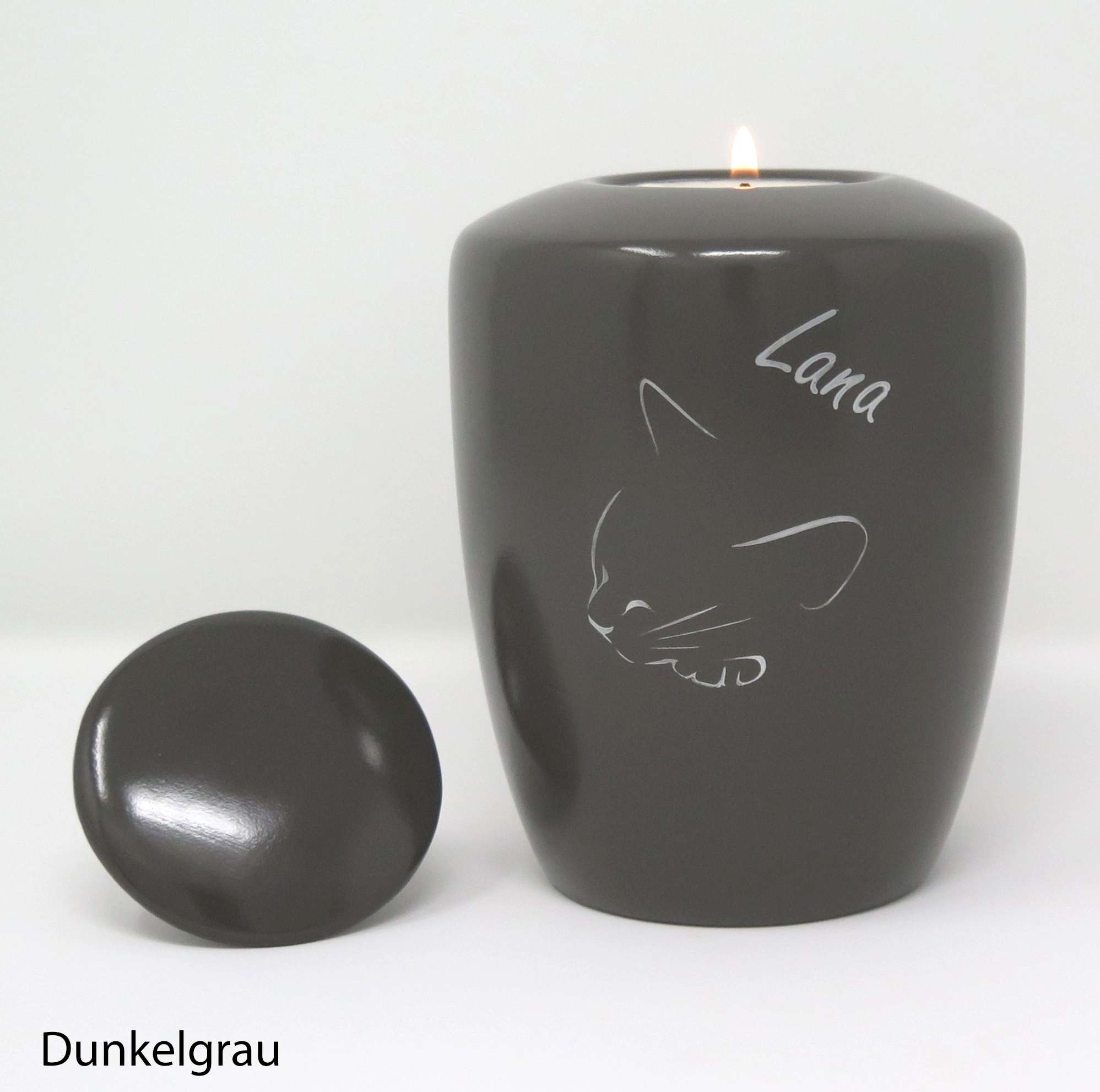 Katzenurne mit Teelichteinsatz mit schlafender Katze Dunkelgrau